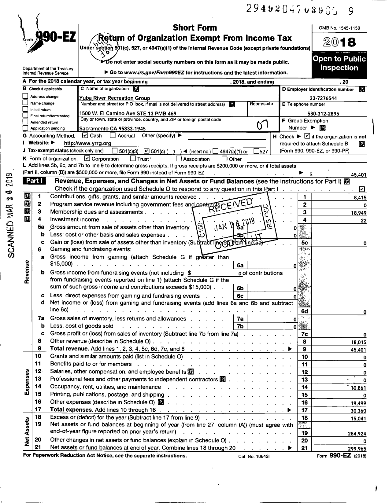 Image of first page of 2018 Form 990EO for Yuba River Recreation Group