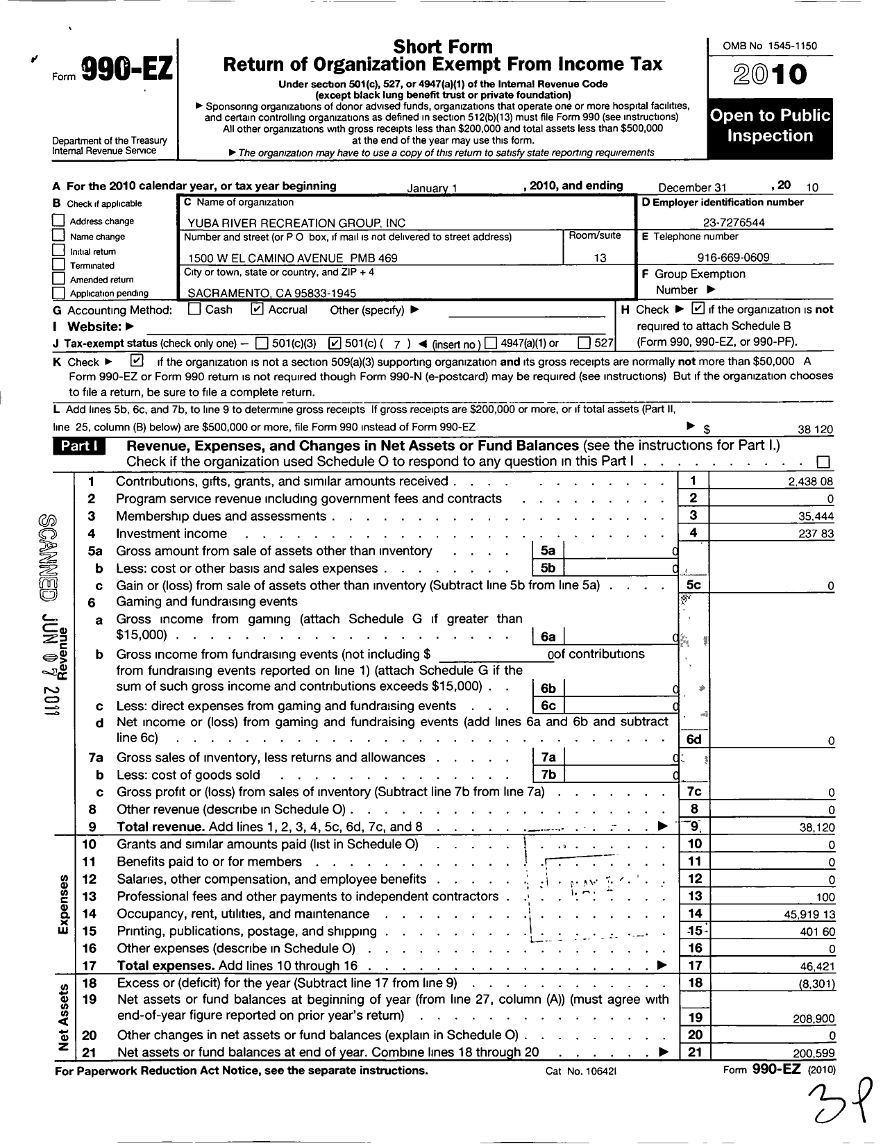 Image of first page of 2010 Form 990EO for Yuba River Recreation Group