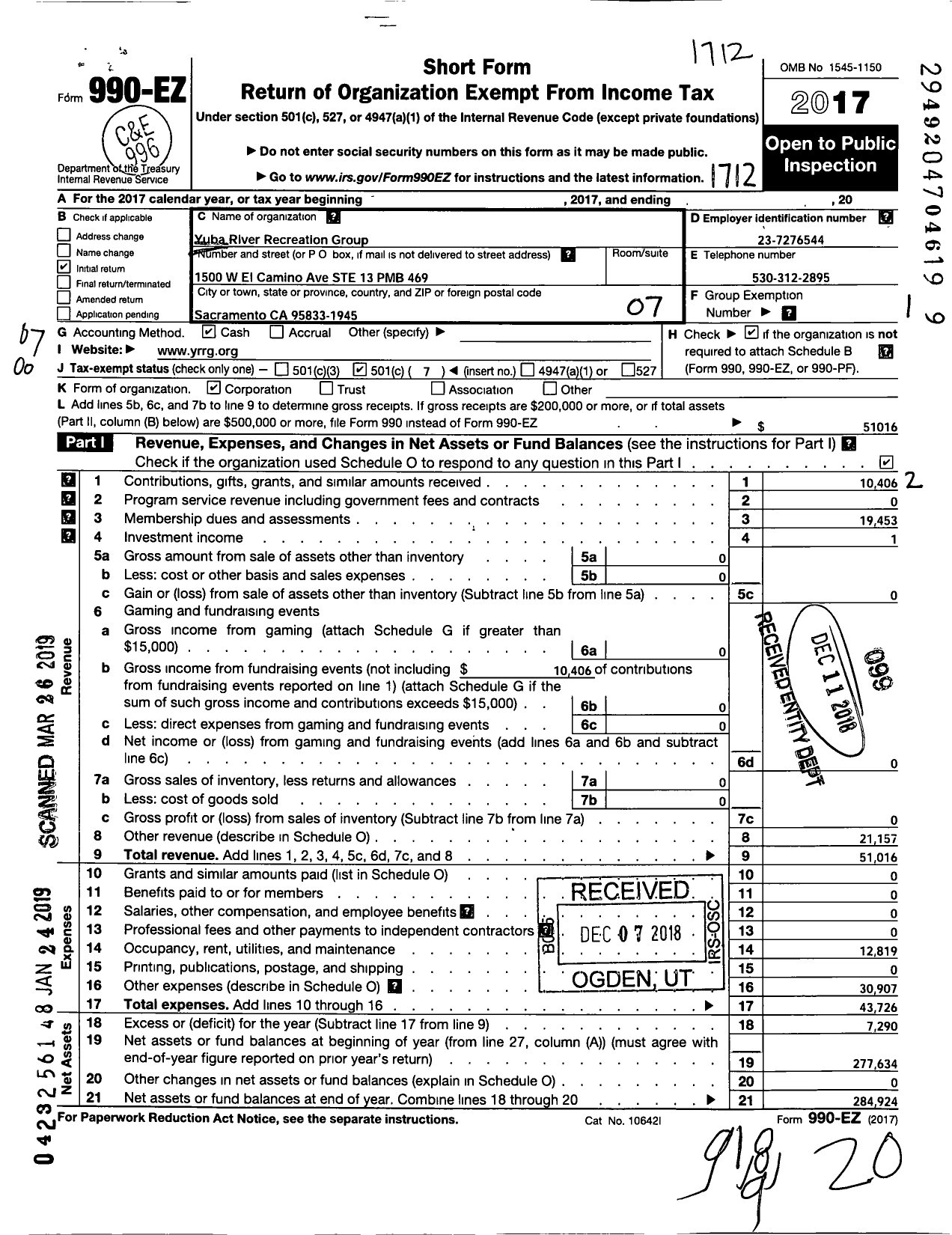 Image of first page of 2017 Form 990EO for Yuba River Recreation Group