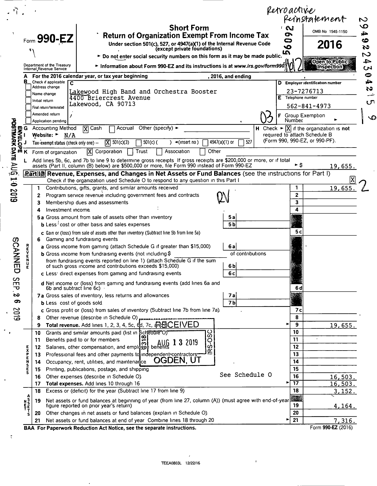 Image of first page of 2016 Form 990EZ for Lakewood High Band and Orchestra Boosters