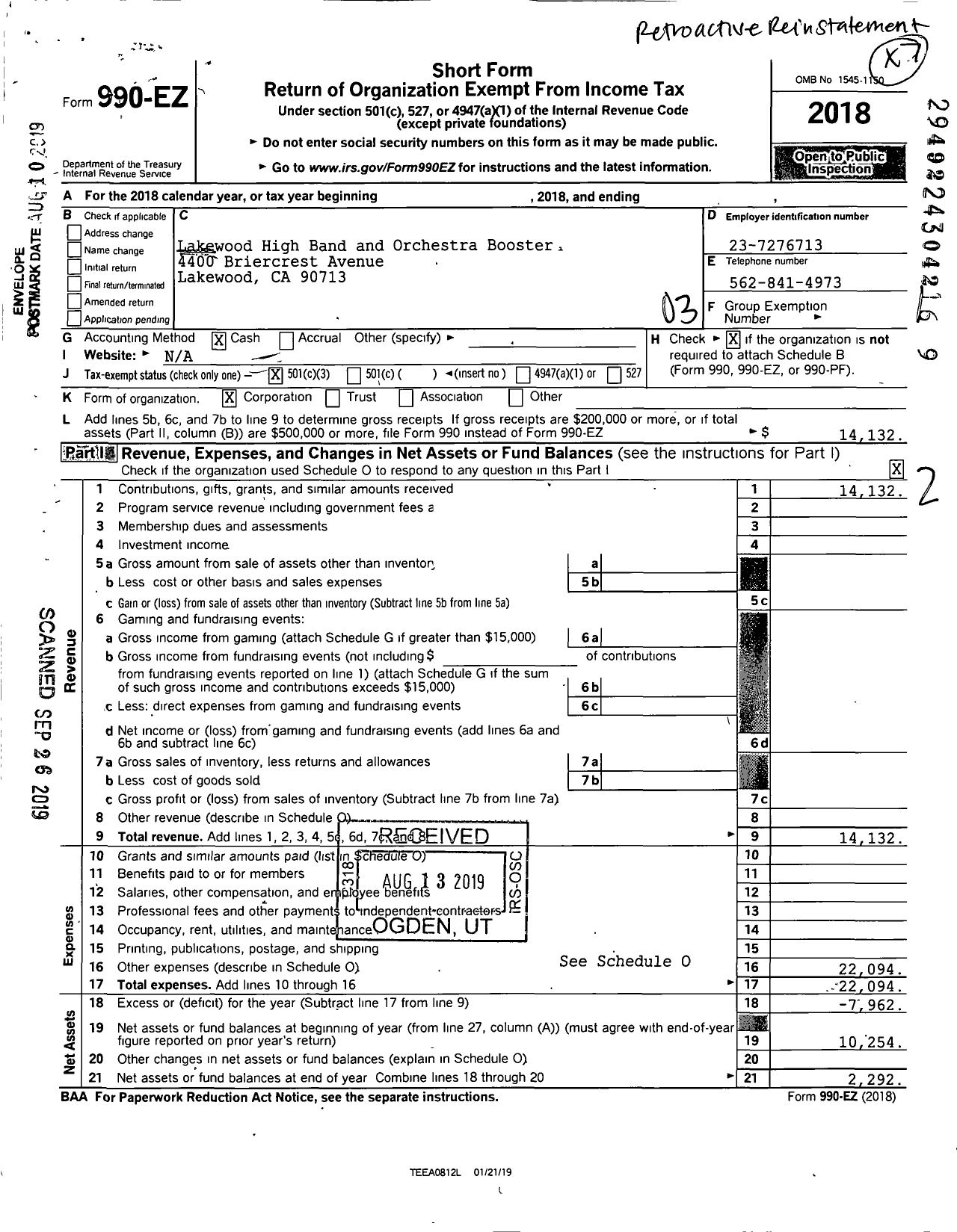 Image of first page of 2018 Form 990EZ for Lakewood High Band and Orchestra Boosters