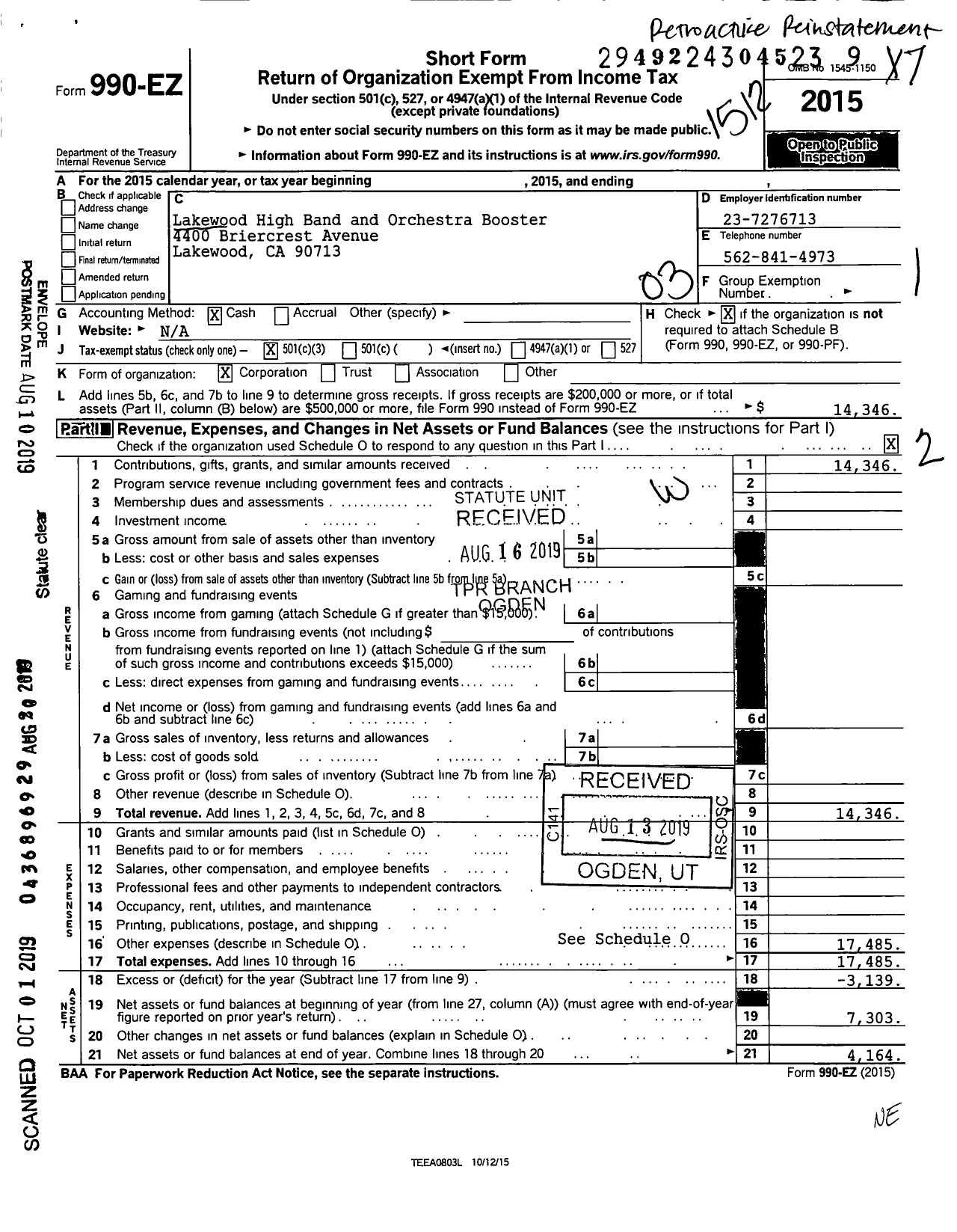 Image of first page of 2015 Form 990EZ for Lakewood High Band and Orchestra Boosters