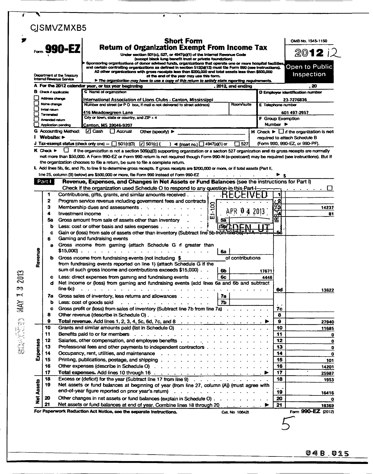 Image of first page of 2012 Form 990EO for Lions Clubs - 11151 Canton