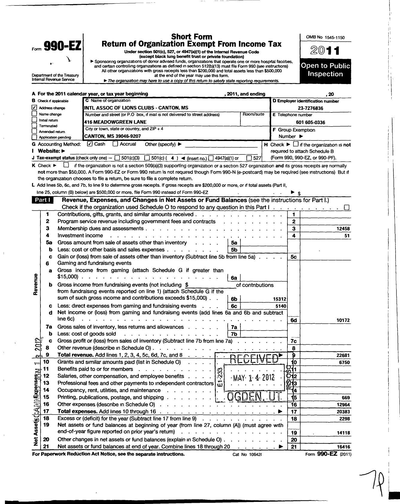 Image of first page of 2011 Form 990EO for Lions Clubs - 11151 Canton