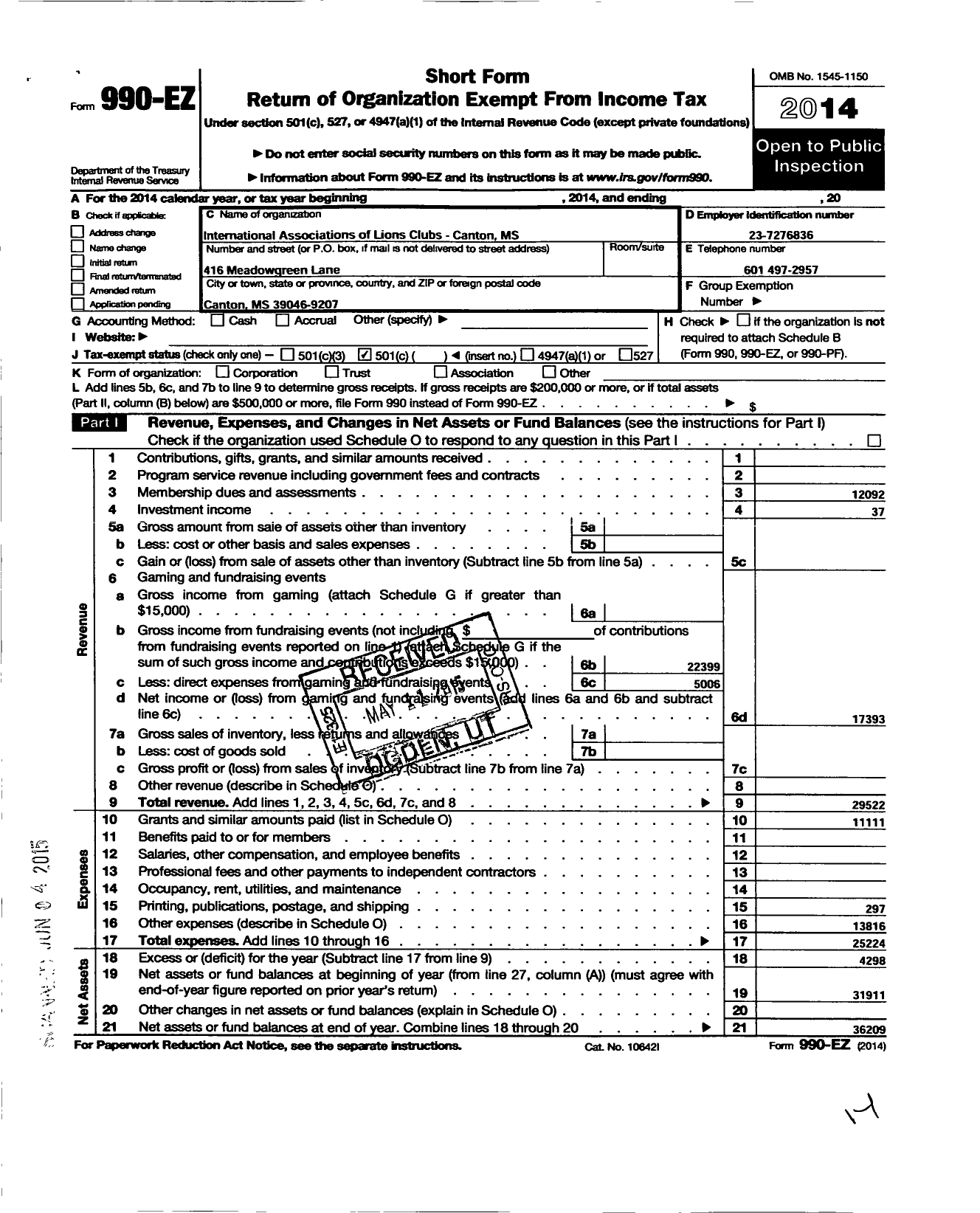 Image of first page of 2014 Form 990EO for Lions Clubs - 11151 Canton