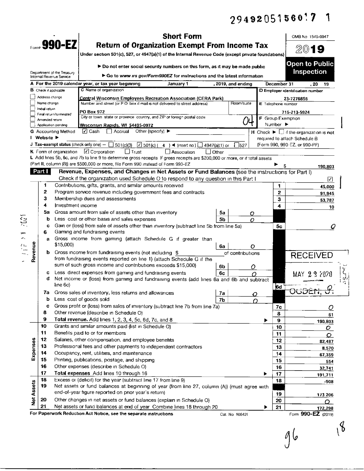 Image of first page of 2019 Form 990EO for Central Wisconsin Employees Recreation Association