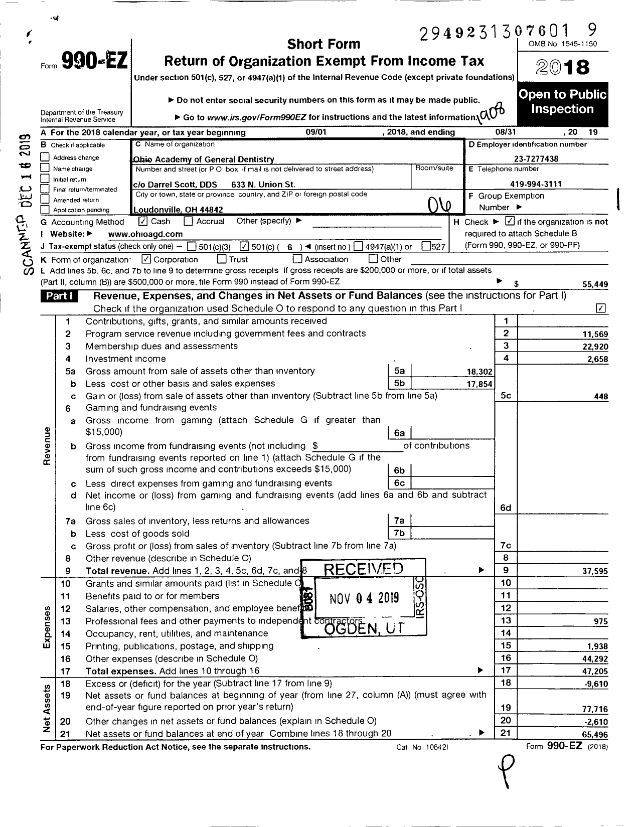 Image of first page of 2018 Form 990EO for Ohio Academy of General Dentistry