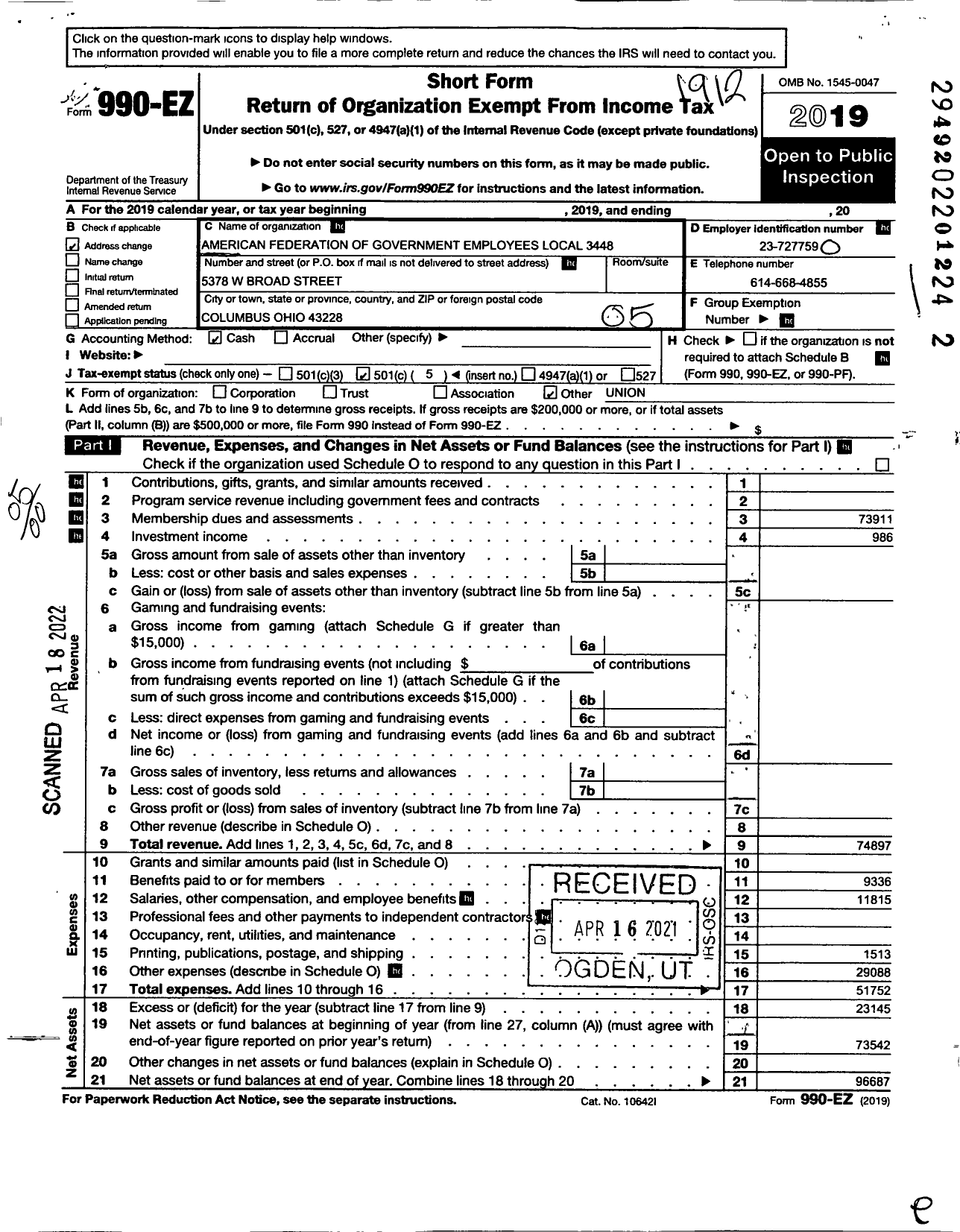 Image of first page of 2019 Form 990EO for American Federation of Government Employees - 3448 Afge Local