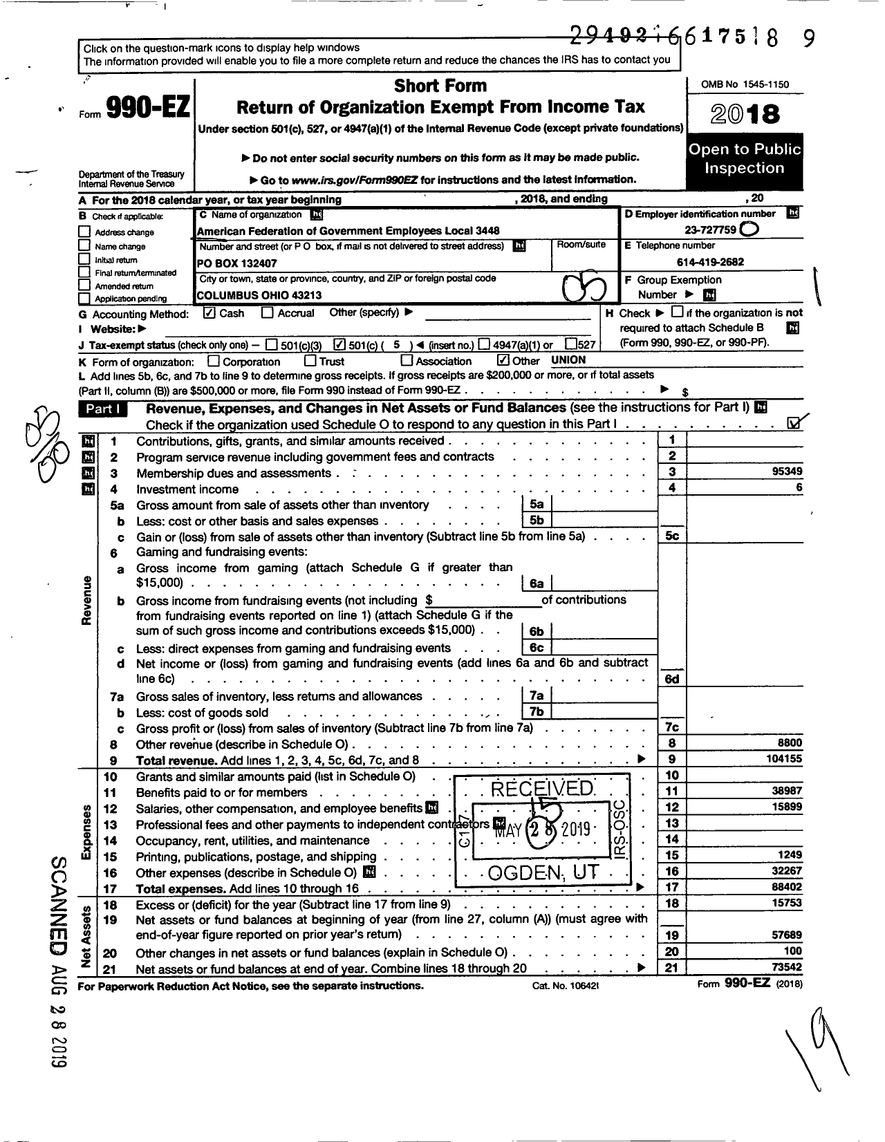 Image of first page of 2018 Form 990EO for American Federation of Government Employees - 3448 Afge Local