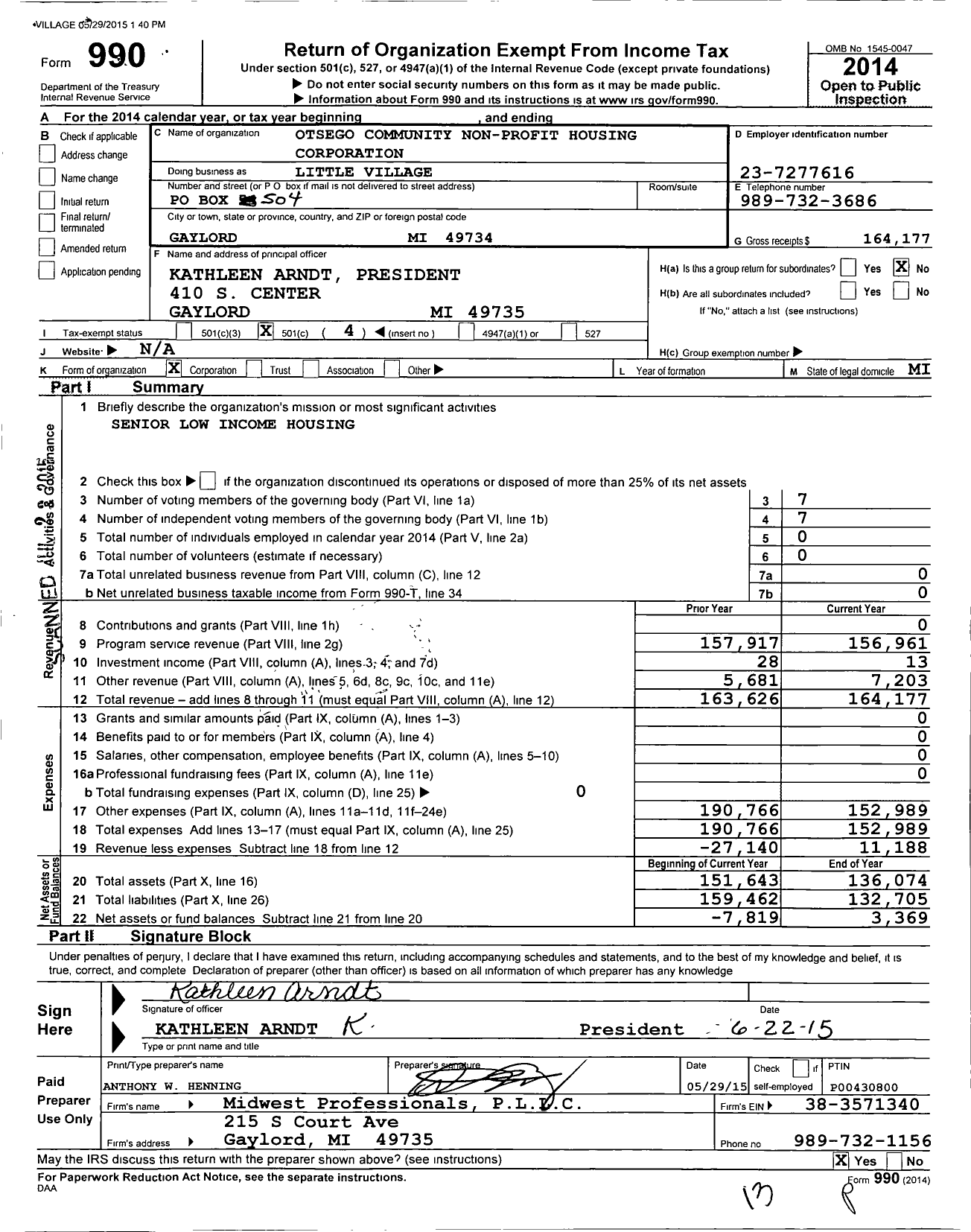 Image of first page of 2014 Form 990O for Otsego Community Non-Profit Housing Corporation