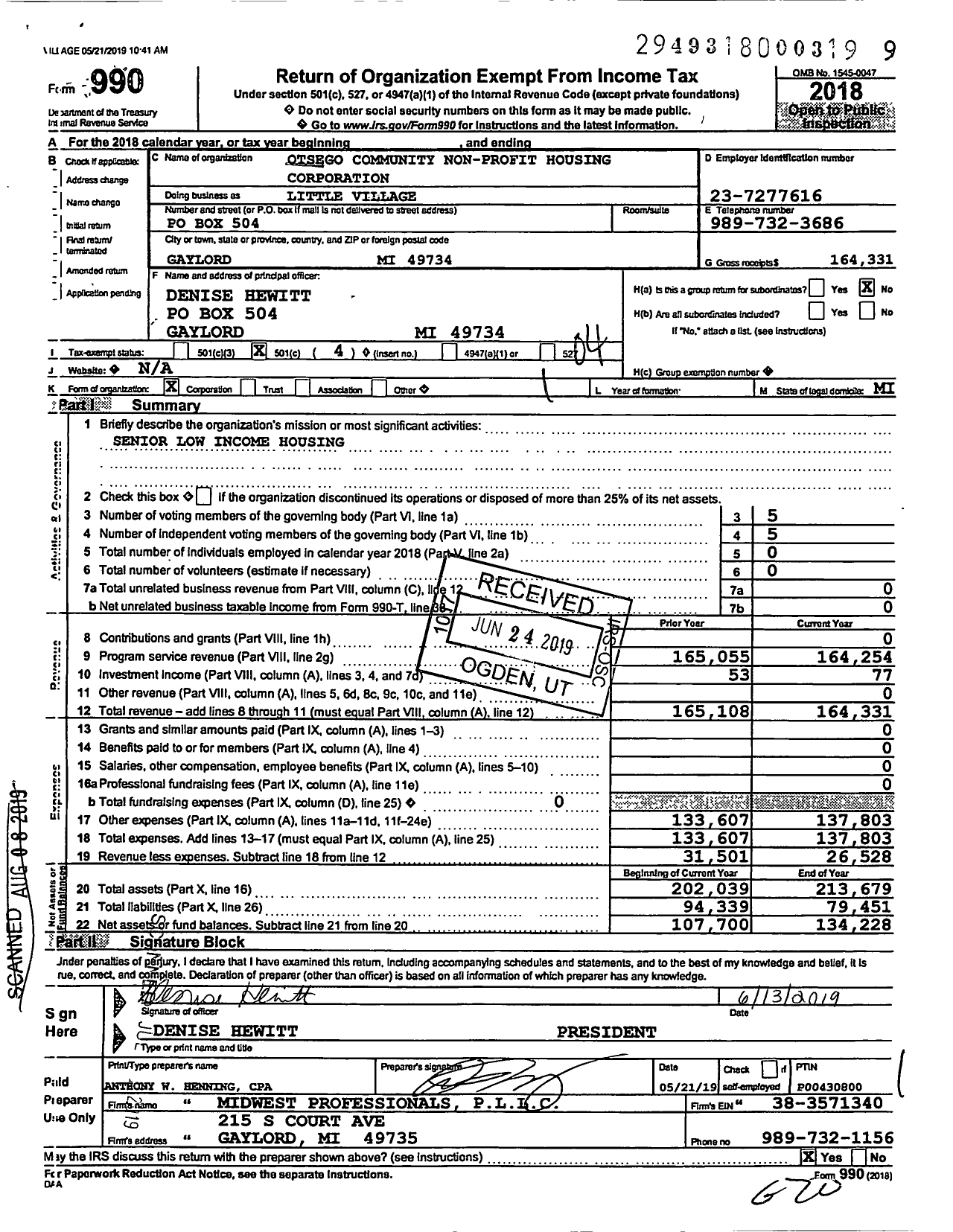 Image of first page of 2018 Form 990O for Otsego Community Non-Profit Housing Corporation