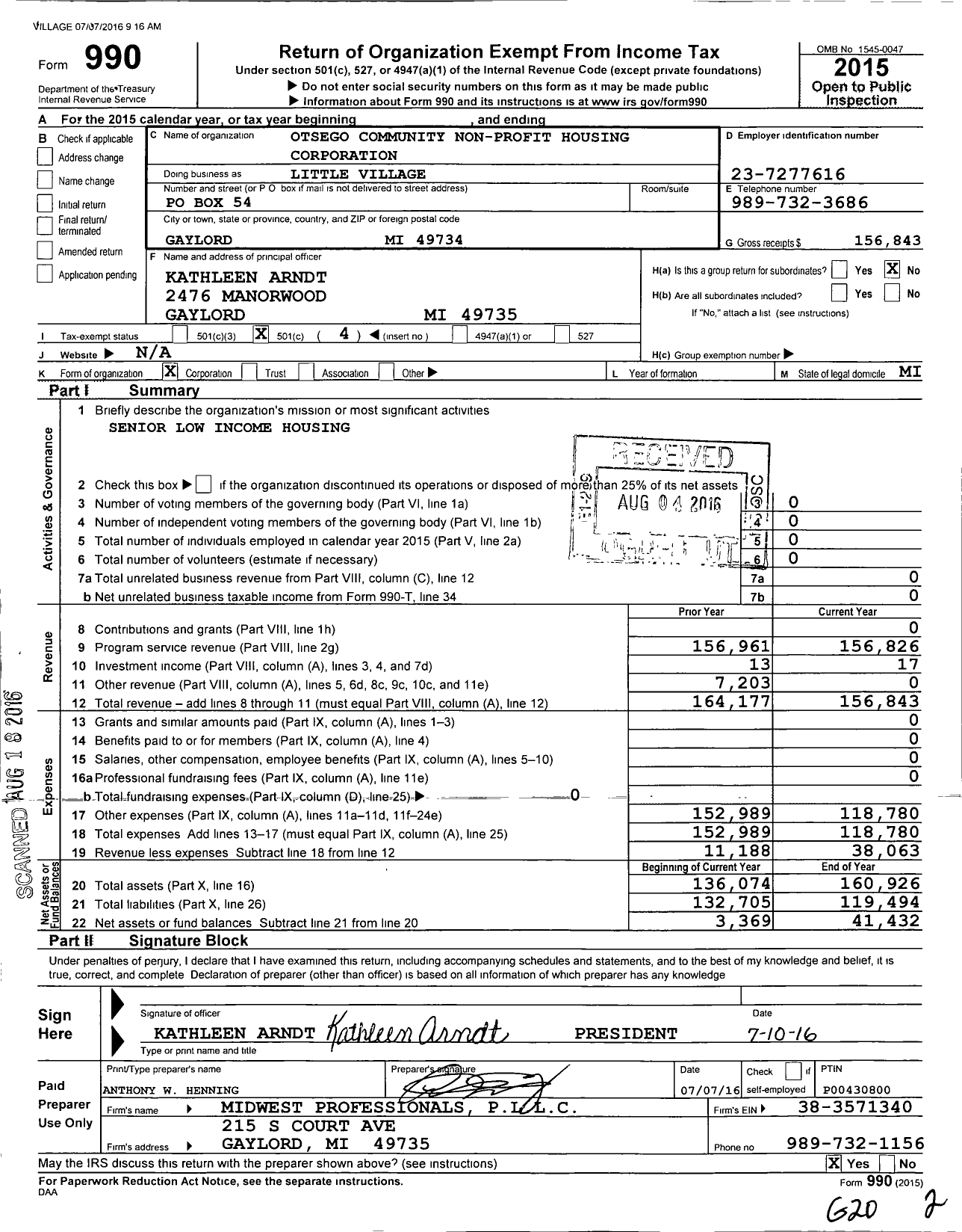 Image of first page of 2015 Form 990O for Otsego Community Non-Profit Housing Corporation