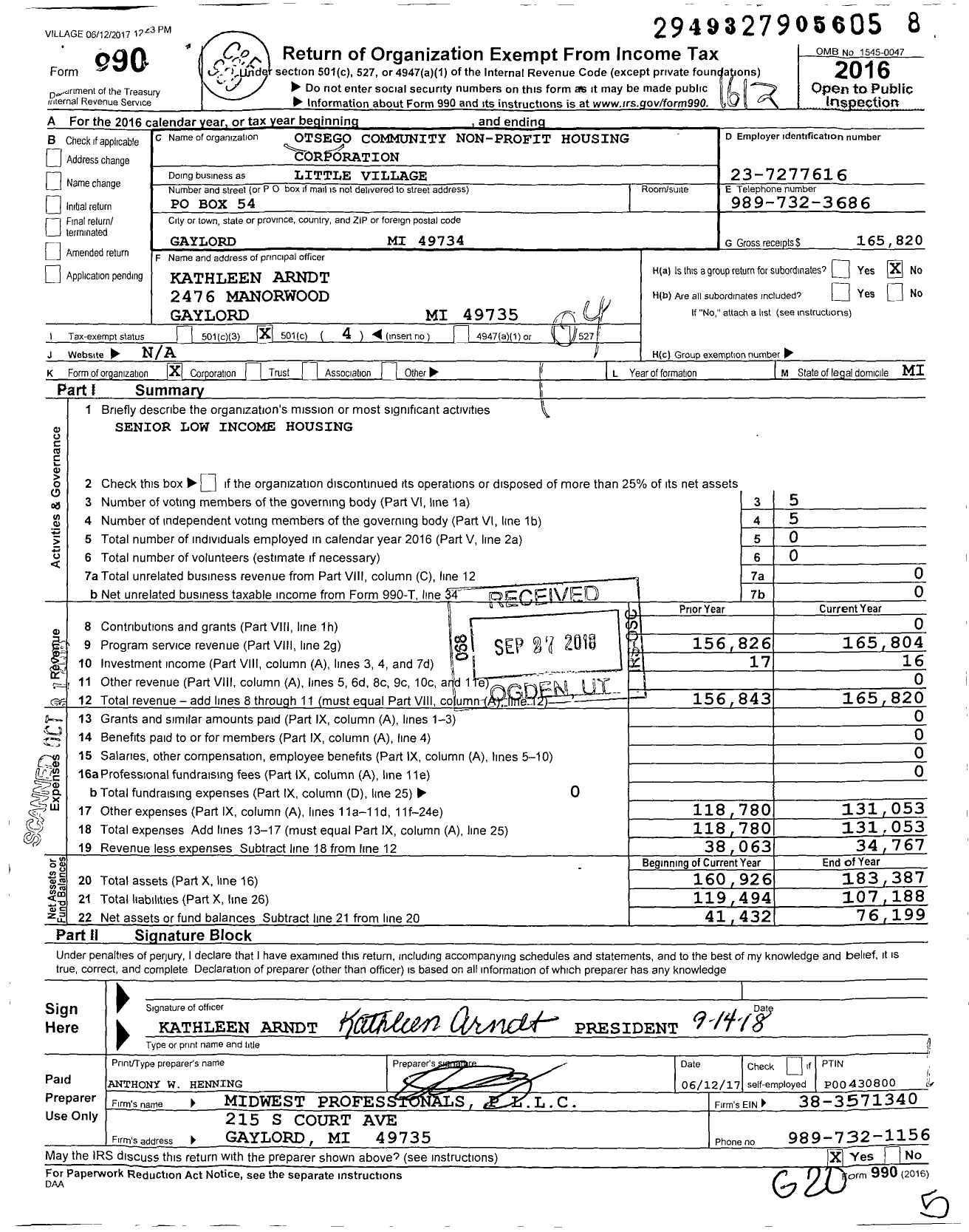 Image of first page of 2016 Form 990O for Otsego Community Non-Profit Housing Corporation