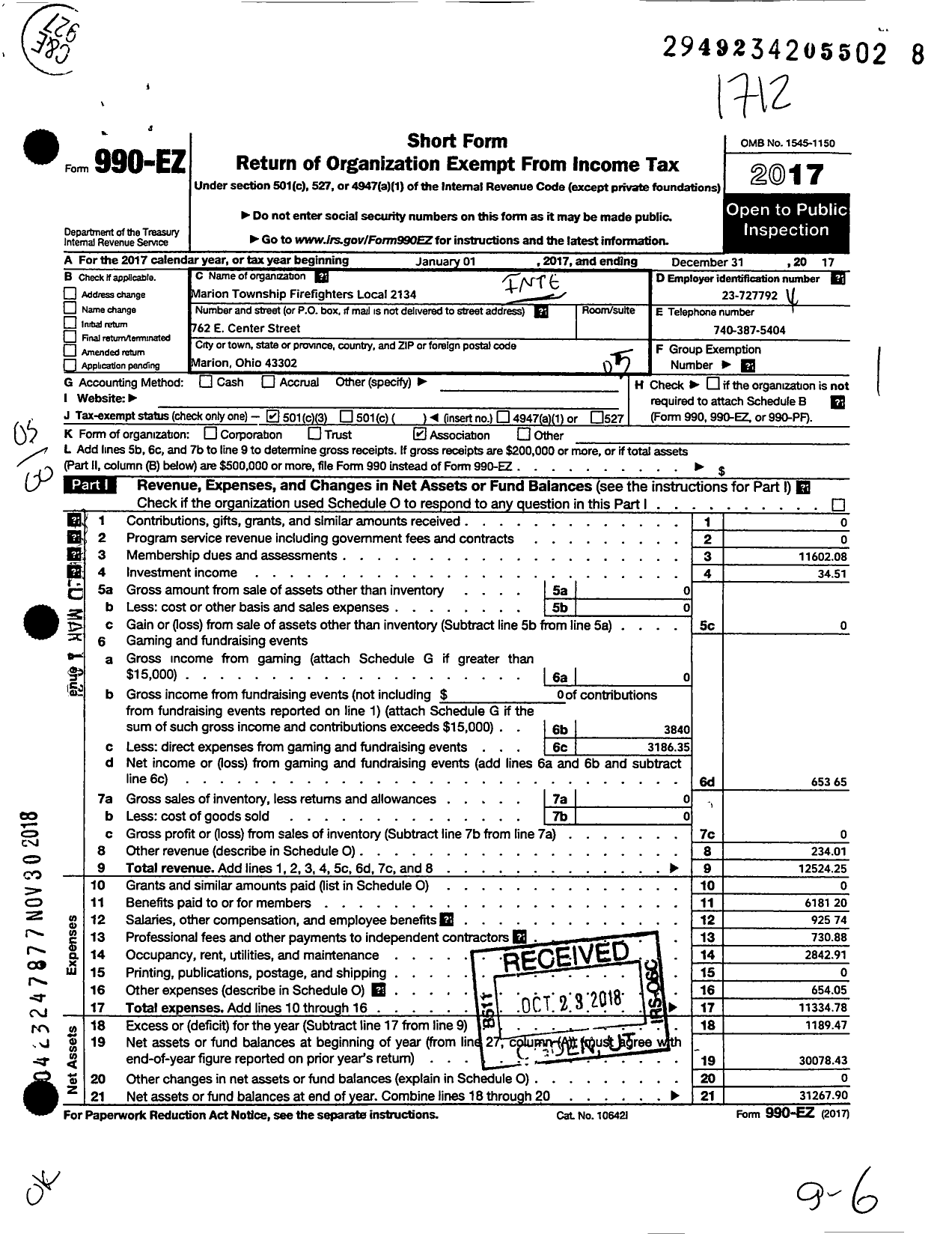 Image of first page of 2017 Form 990EO for International Association of Fire Fighters - L2134 Marion Township