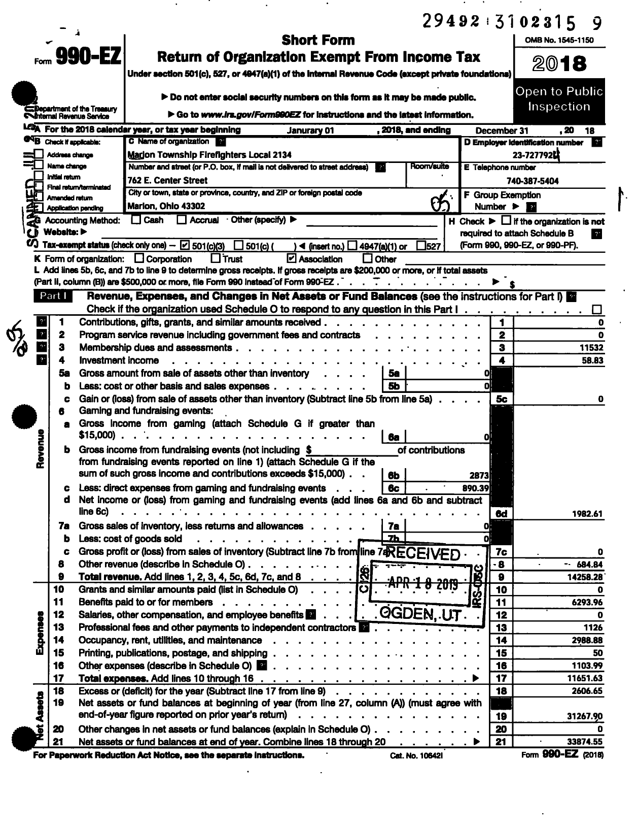 Image of first page of 2018 Form 990EO for International Association of Fire Fighters - L2134 Marion Township