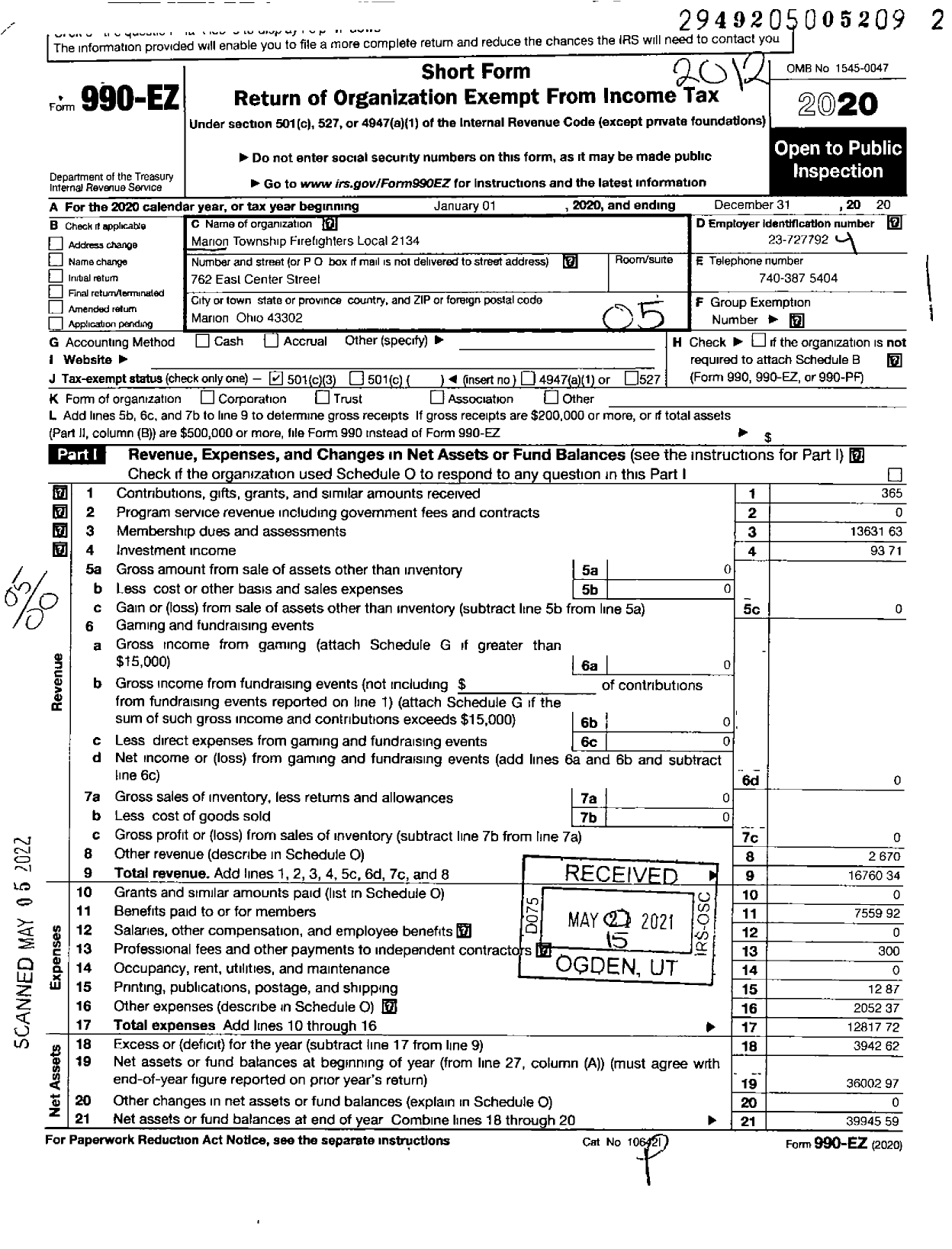 Image of first page of 2020 Form 990EO for International Association of Fire Fighters - L2134 Marion Township