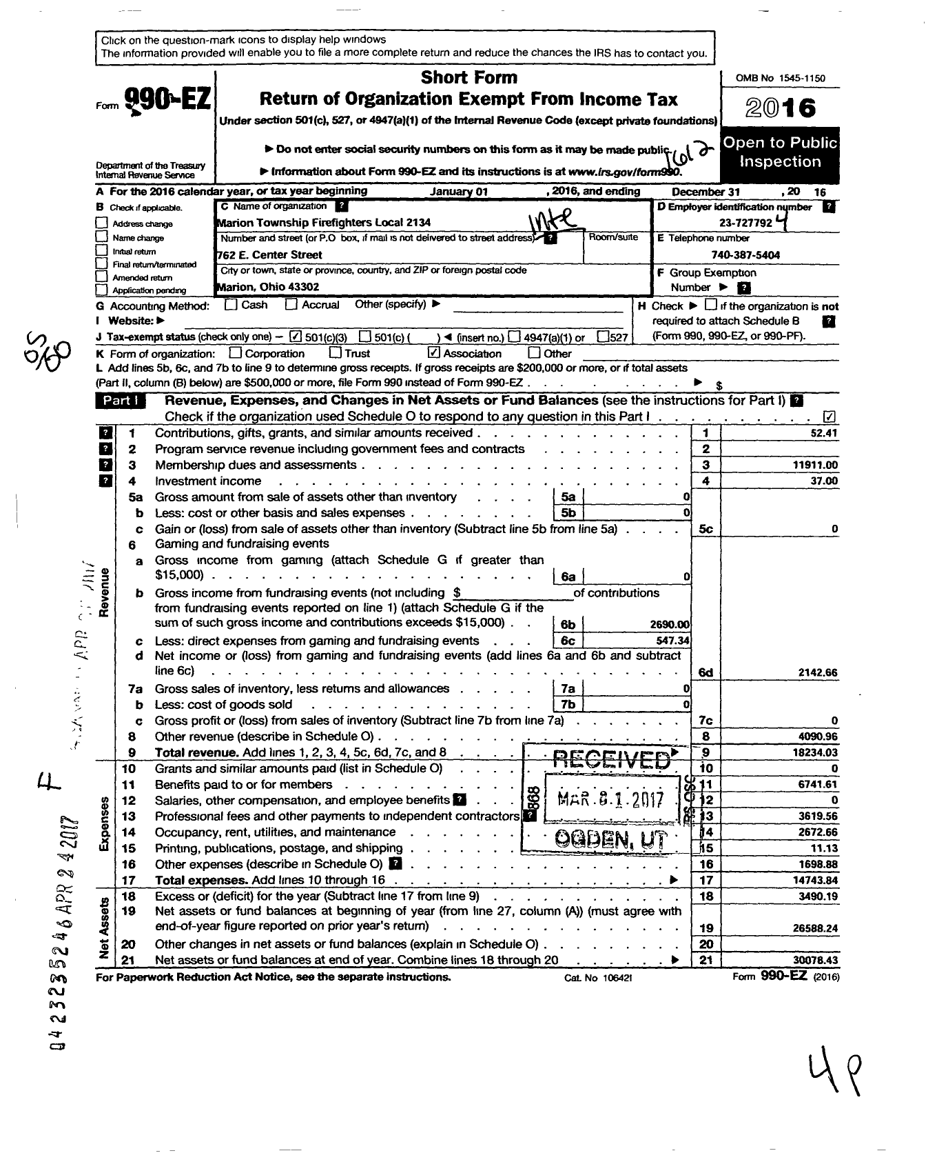 Image of first page of 2016 Form 990EZ for International Association of Fire Fighters - L2134 Marion Township