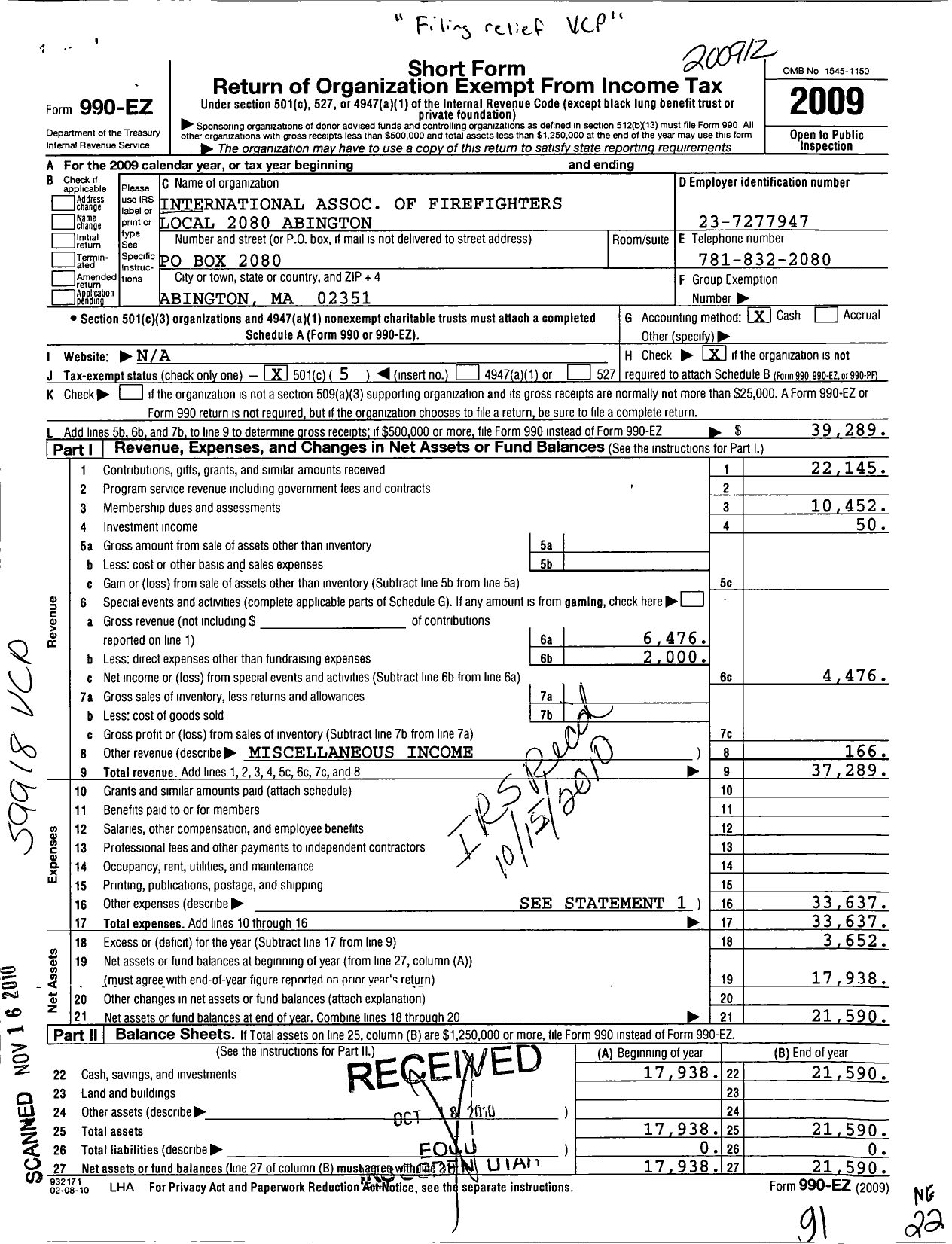 Image of first page of 2009 Form 990EO for International Association of Fire Fighters - L2080 Abington