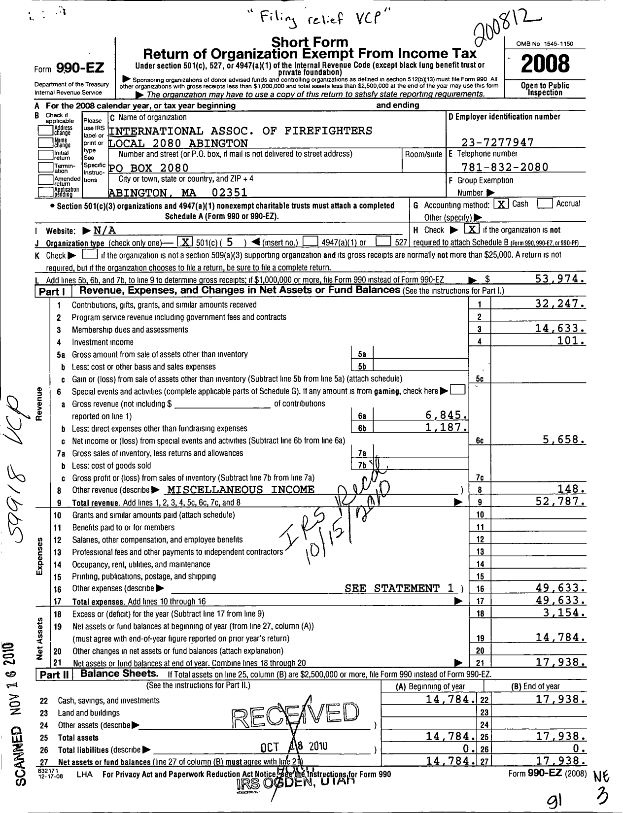 Image of first page of 2008 Form 990EO for International Association of Fire Fighters - L2080 Abington