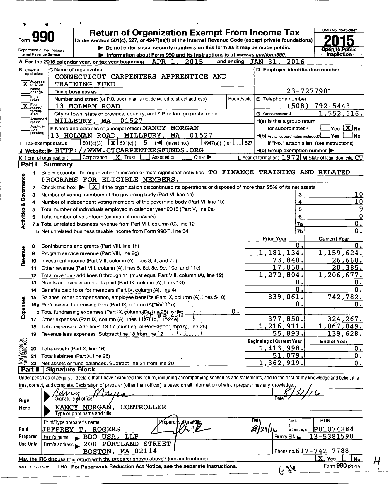 Image of first page of 2015 Form 990O for Connecticut Carpenters Apprentice and Training Fund