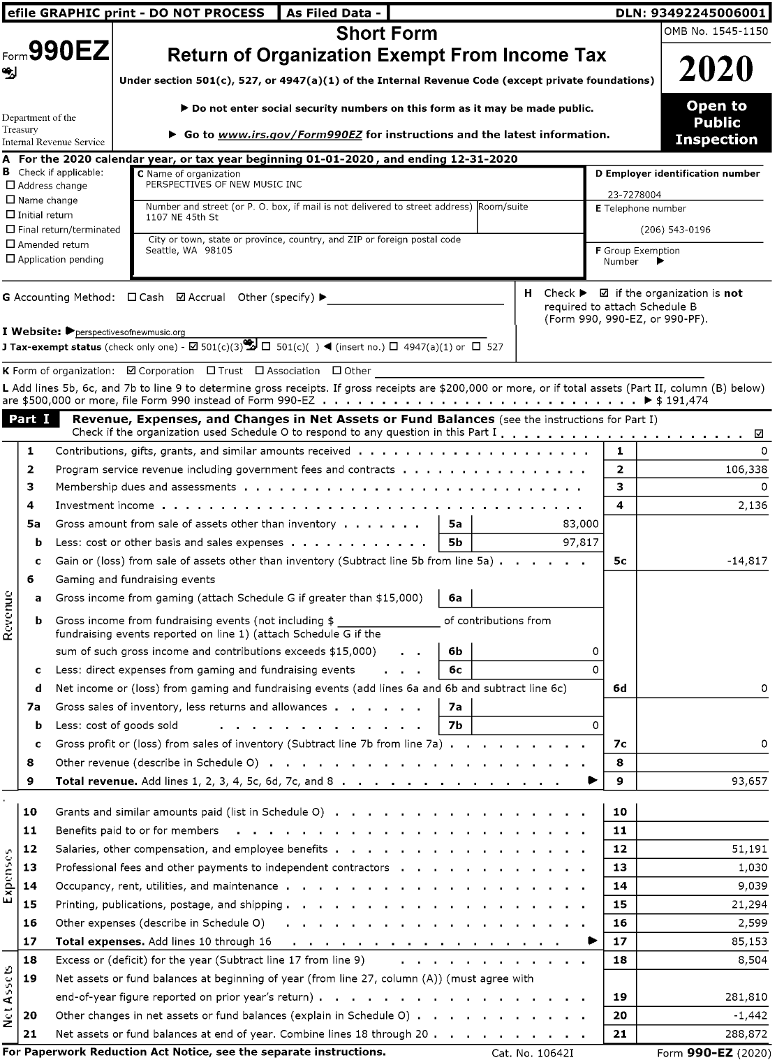 Image of first page of 2020 Form 990EZ for Perspectives of New Music