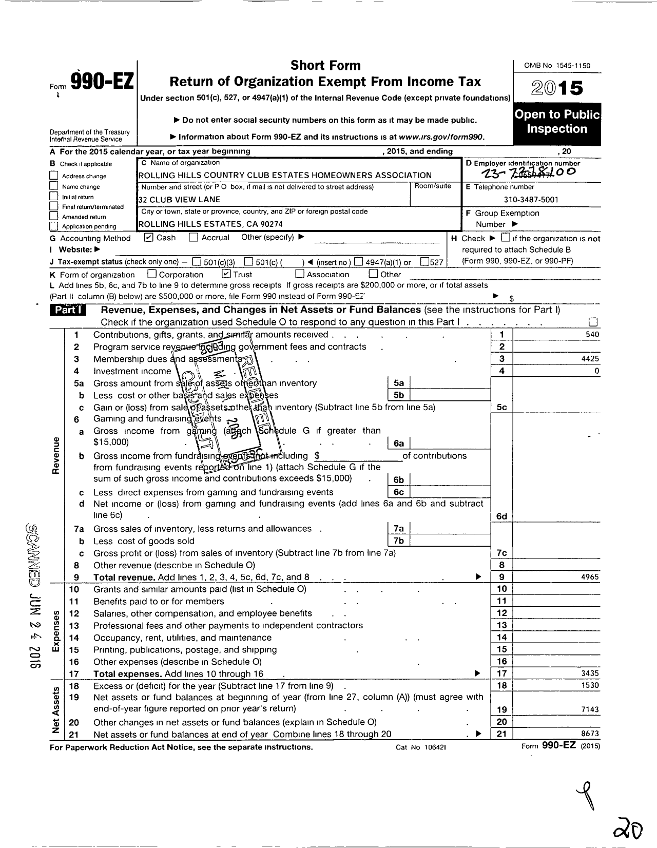 Image of first page of 2015 Form 990EO for Rolling Hills Country Club Estates Homeowners Association