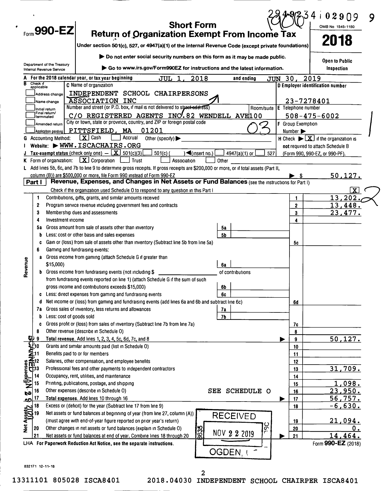 Image of first page of 2018 Form 990EZ for Independent School Chairpersons Association