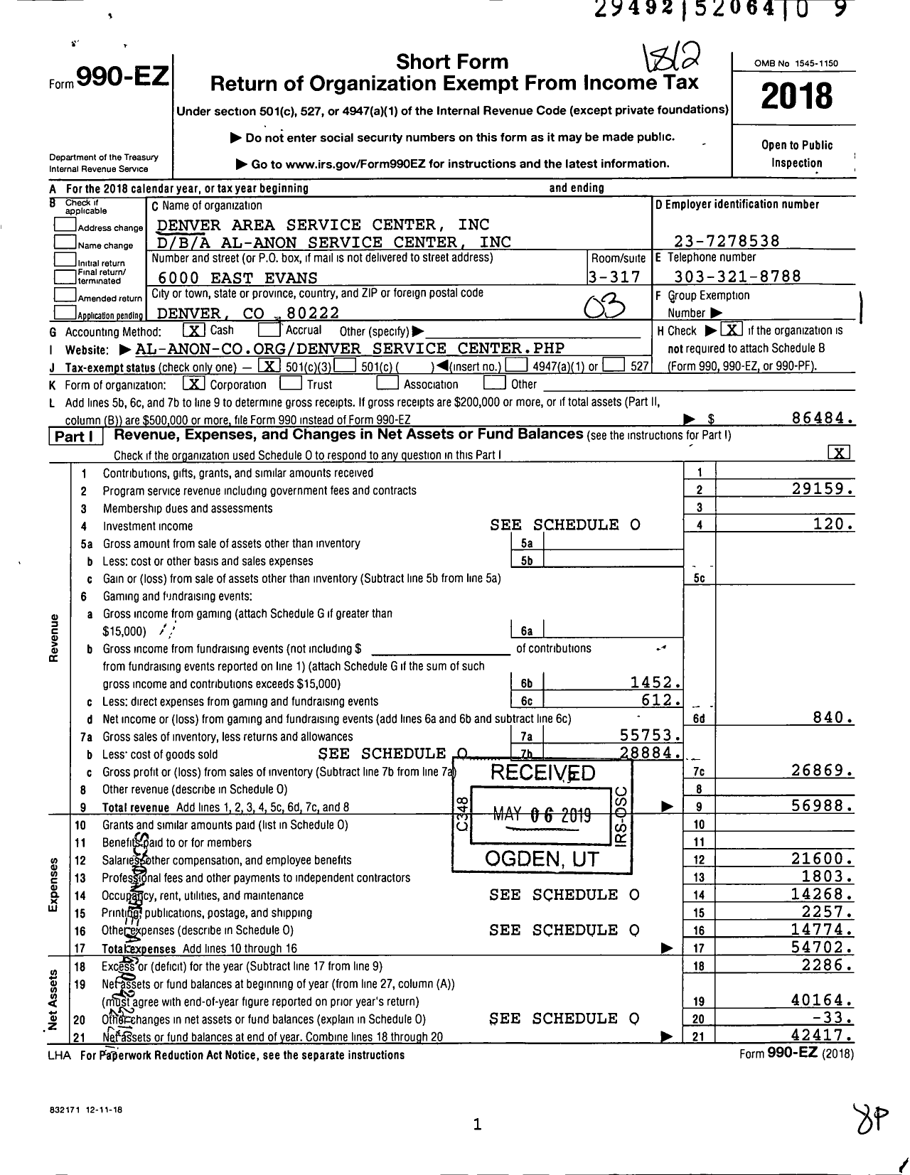 Image of first page of 2018 Form 990EZ for Al-Anon Service Center