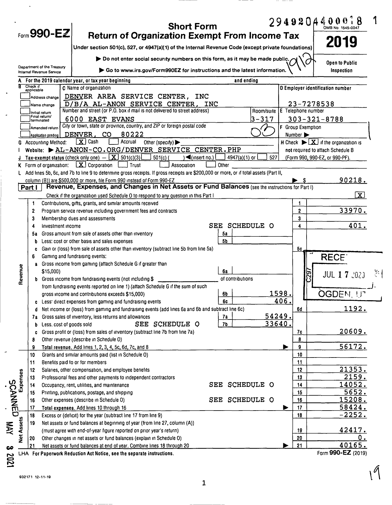 Image of first page of 2019 Form 990EZ for Al-Anon Service Center