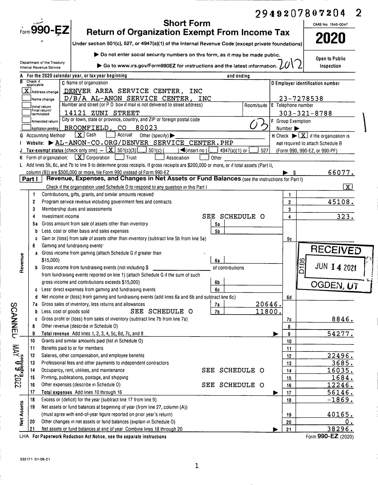 Image of first page of 2020 Form 990EZ for Al-Anon Service Center