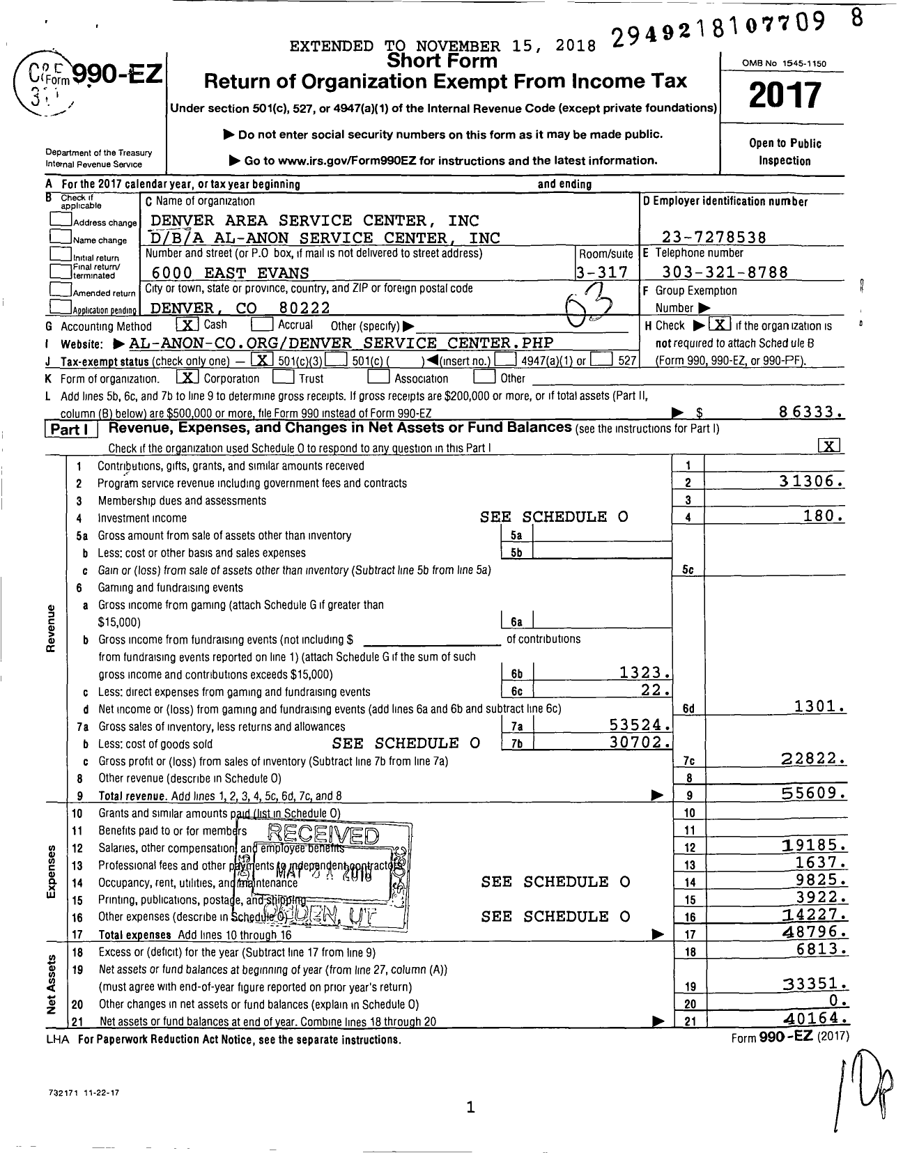 Image of first page of 2017 Form 990EZ for Al-Anon Service Center