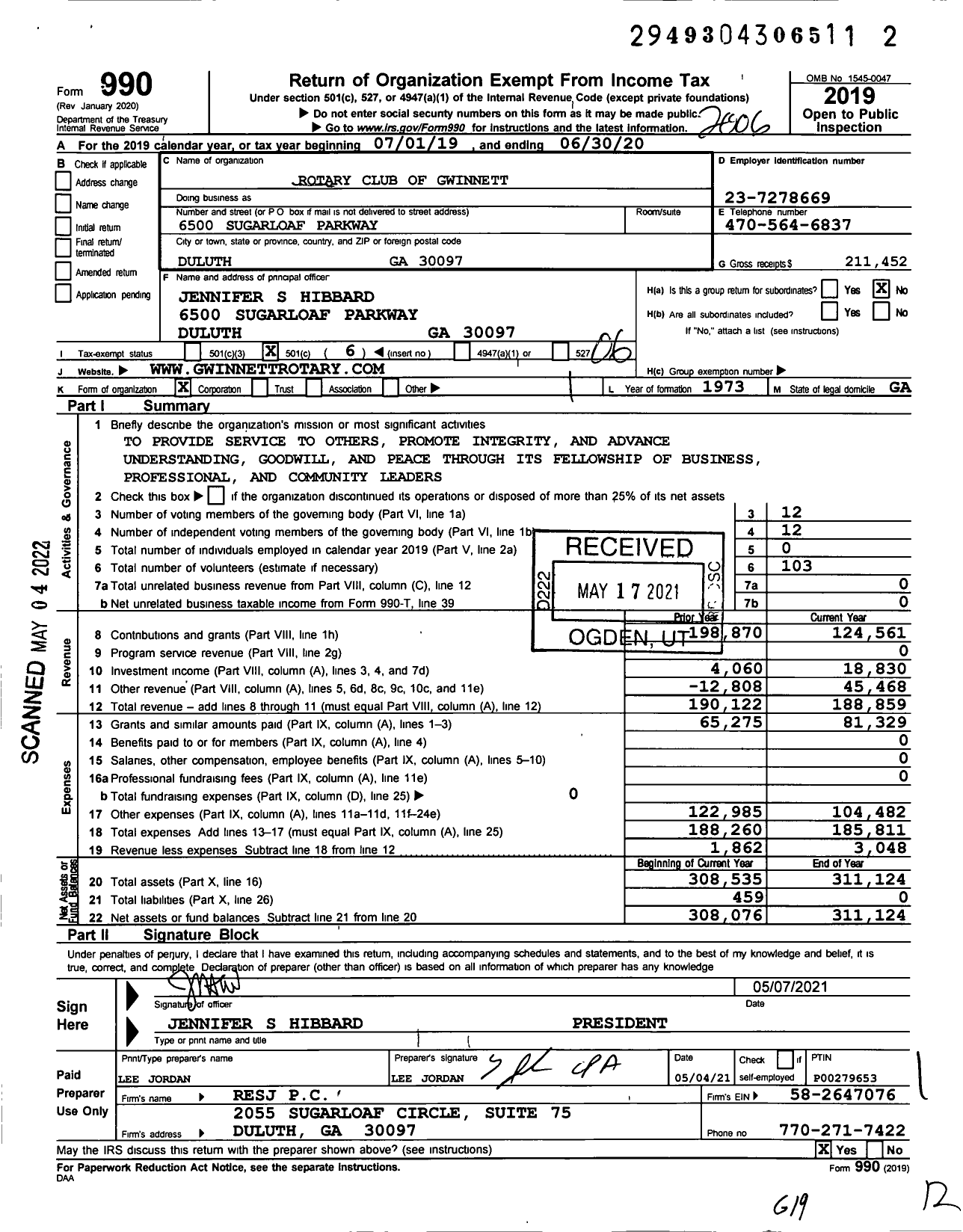 Image of first page of 2019 Form 990O for Rotary International - Rotary Club of Gwinnett County