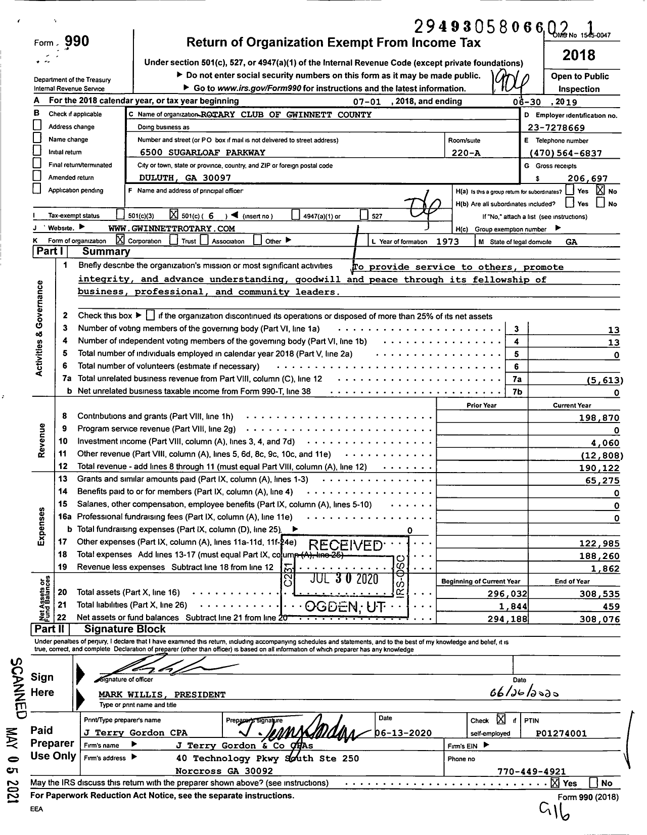 Image of first page of 2018 Form 990O for Rotary International - Rotary Club of Gwinnett County