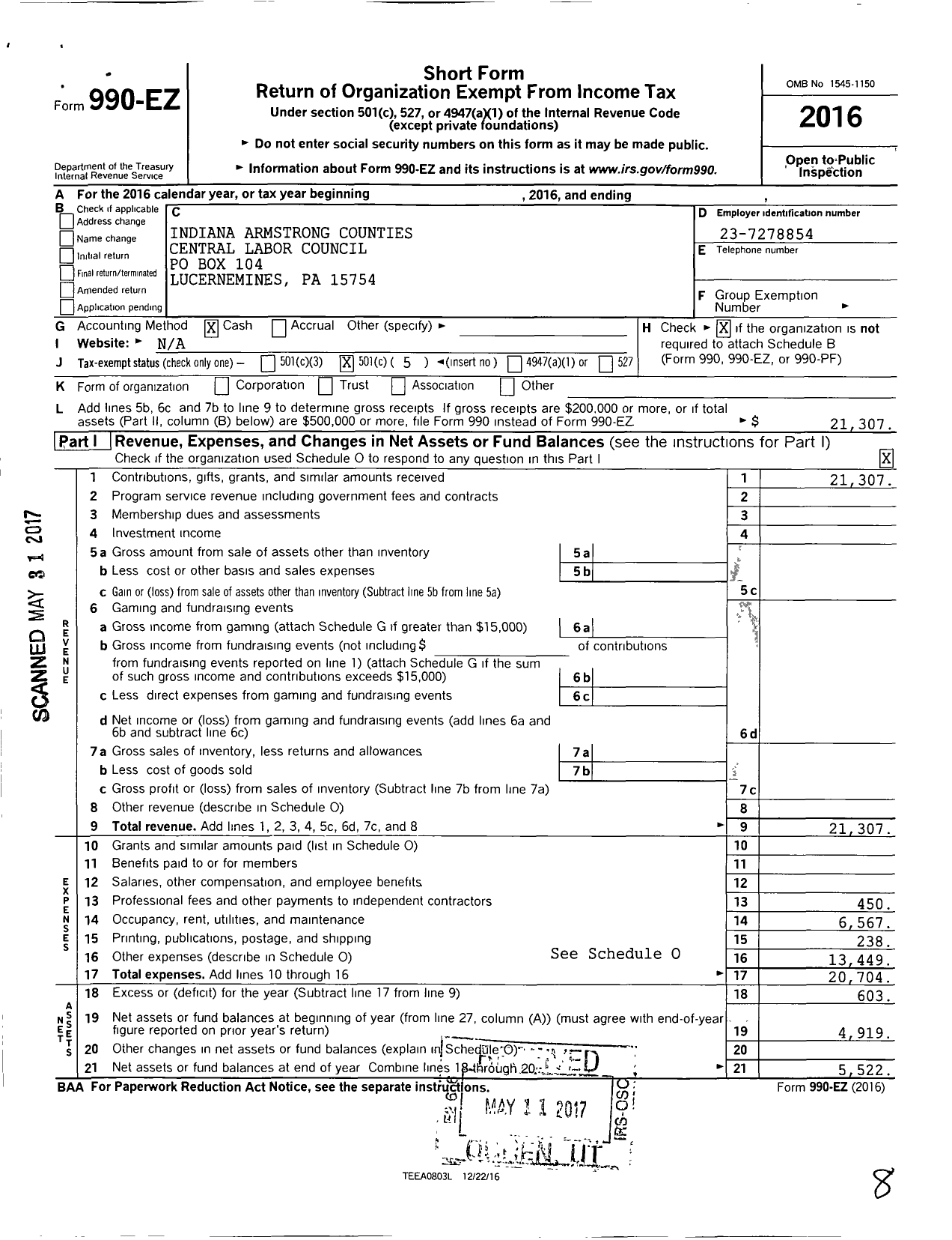 Image of first page of 2016 Form 990EO for AFL-CIO - Indiana Armstrong Central Labor Cou