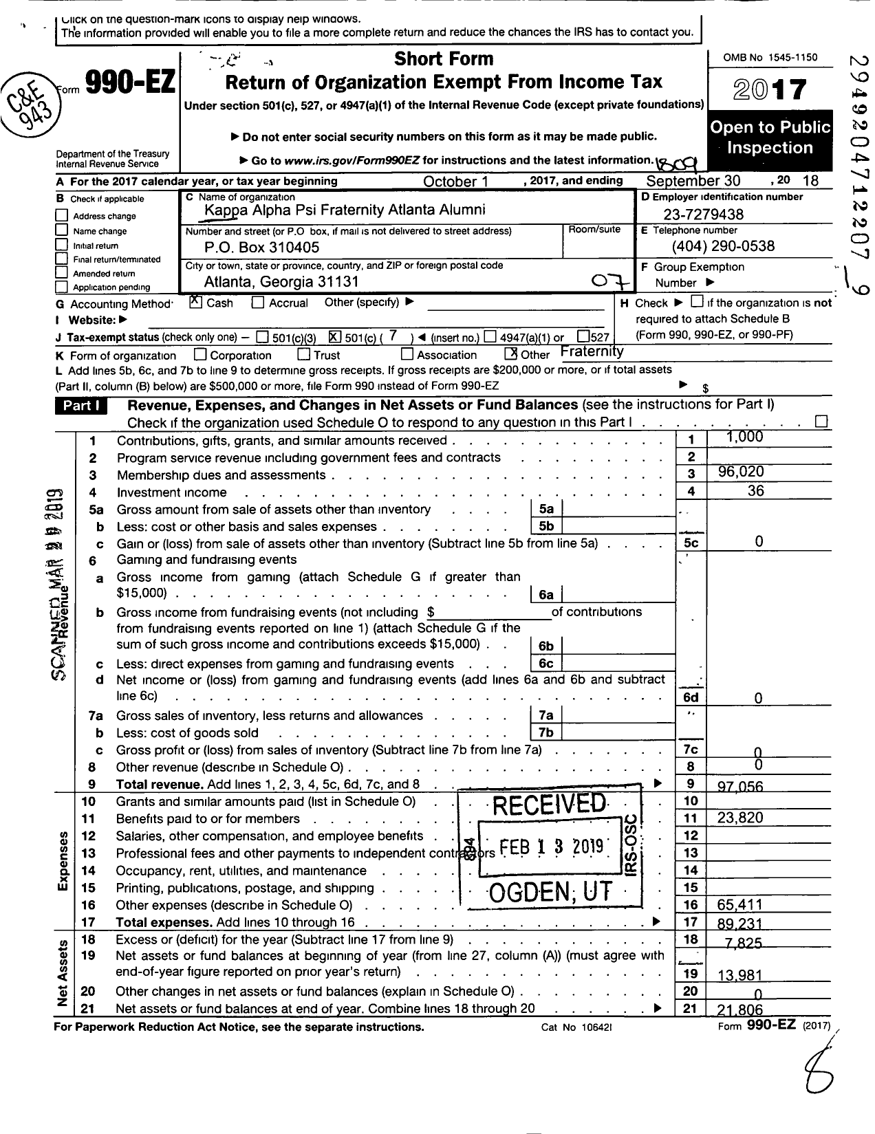 Image of first page of 2017 Form 990EO for Kappa Alpha Psi Fraternity / Atlanta Alumni