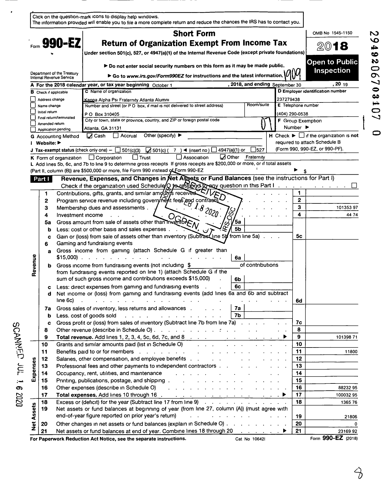 Image of first page of 2018 Form 990EO for Kappa Alpha Psi Fraternity / Atlanta Alumni