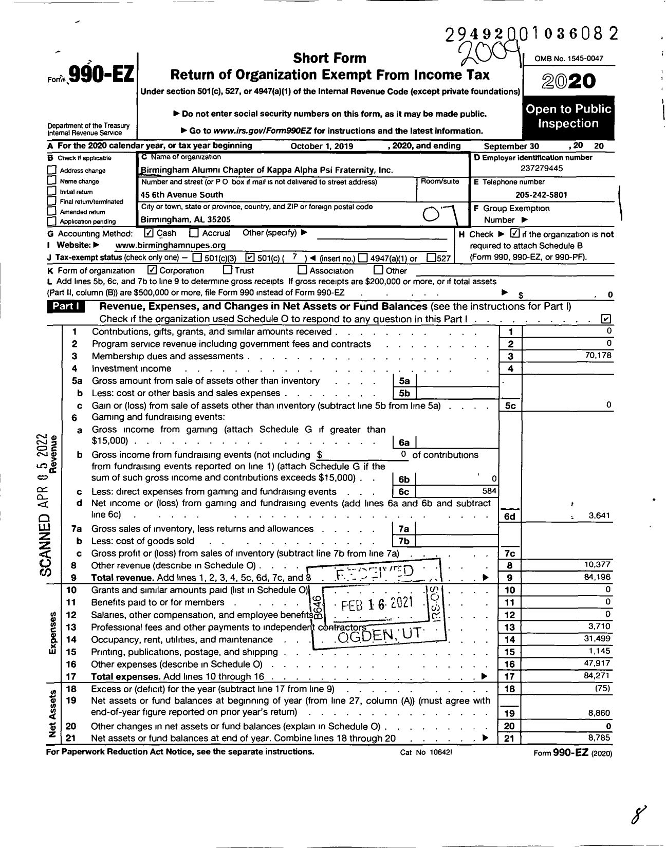 Image of first page of 2019 Form 990EO for Birmingham Alumni Chapter Kappa Alpha Psi Fraternity