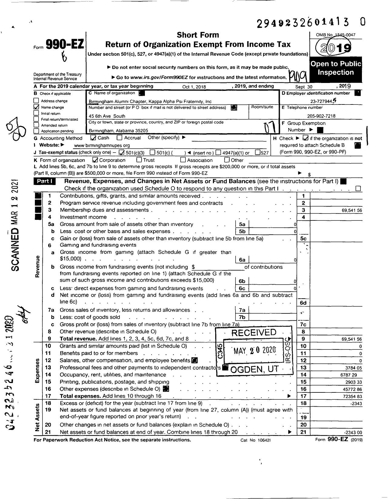 Image of first page of 2018 Form 990EZ for Birmingham Alumni Chapter Kappa Alpha Psi Fraternity