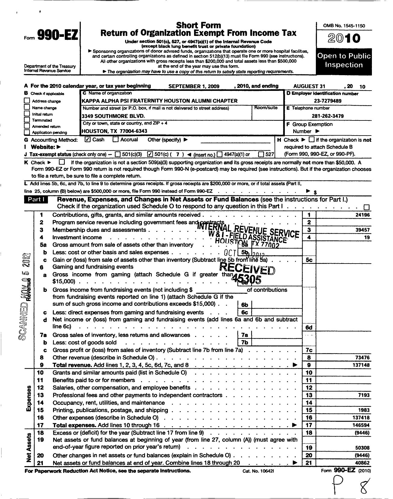 Image of first page of 2009 Form 990EO for Houston TX Alumni Chapter of Kappa Alpha Psi Fraternity