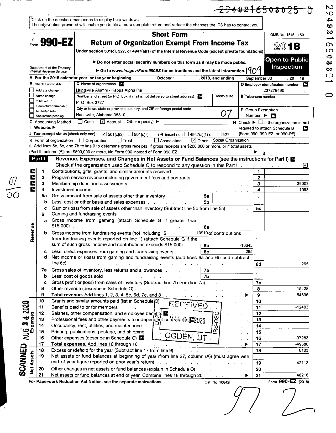 Image of first page of 2018 Form 990EO for Kappa Alpha Psi Fraternity / Huntsville Alumni Chapter