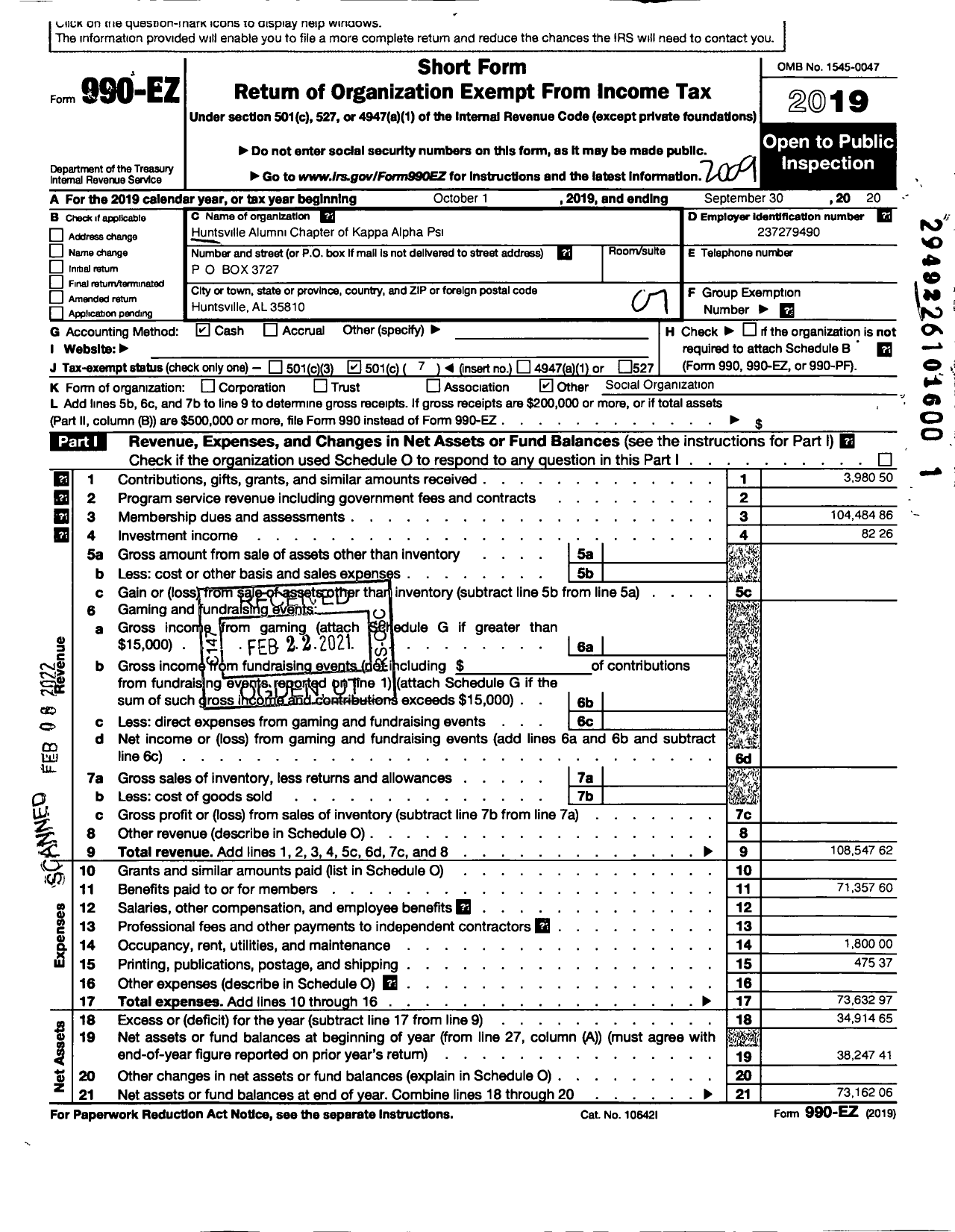 Image of first page of 2019 Form 990EO for Kappa Alpha Psi Fraternity / Huntsville Alumni Chapter