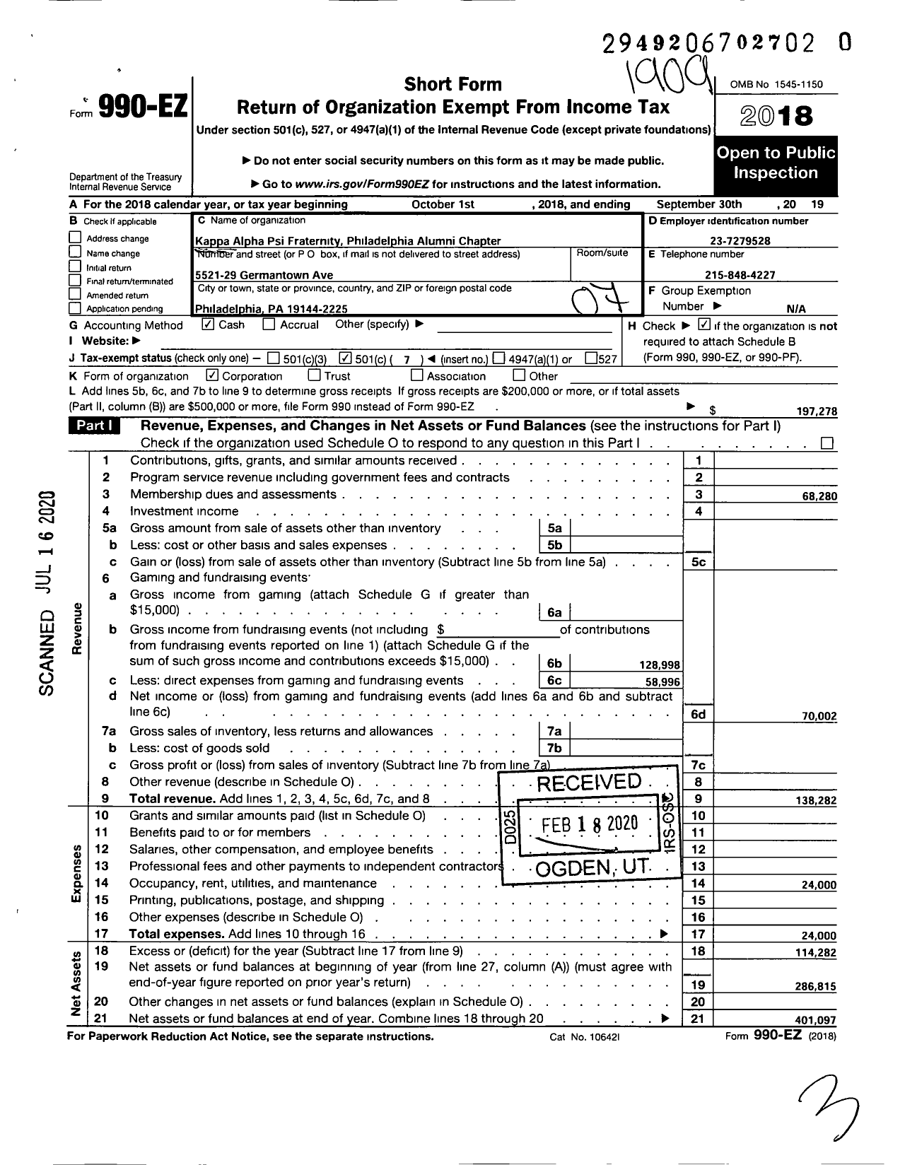 Image of first page of 2018 Form 990EO for KAPPA ALPHA PSI FRATERNITY - 636 Philadelphia Alumni Chapter