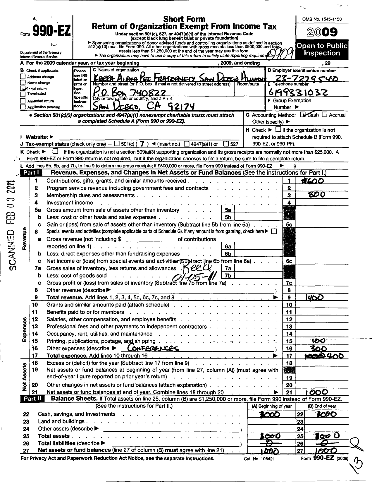 Image of first page of 2008 Form 990EO for Kappa Alpha Psi Fraternity / San Diego Alumni Chapter