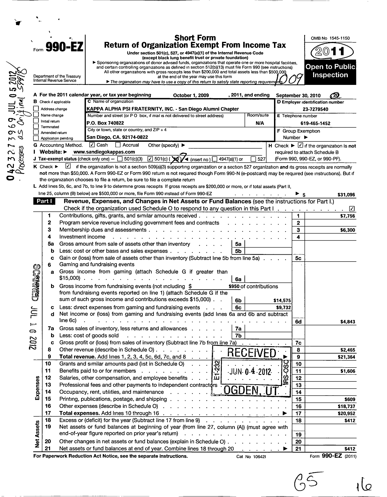 Image of first page of 2009 Form 990EO for Kappa Alpha Psi Fraternity / San Diego Alumni Chapter