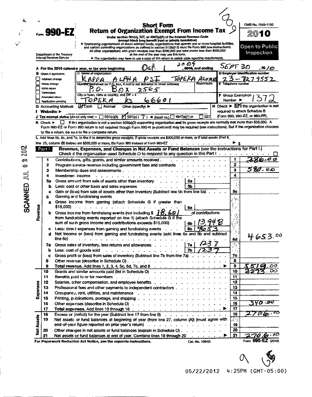 Image of first page of 2009 Form 990EO for Kappa Alpha Psi Fraternity / Topeka Alumni Chapter