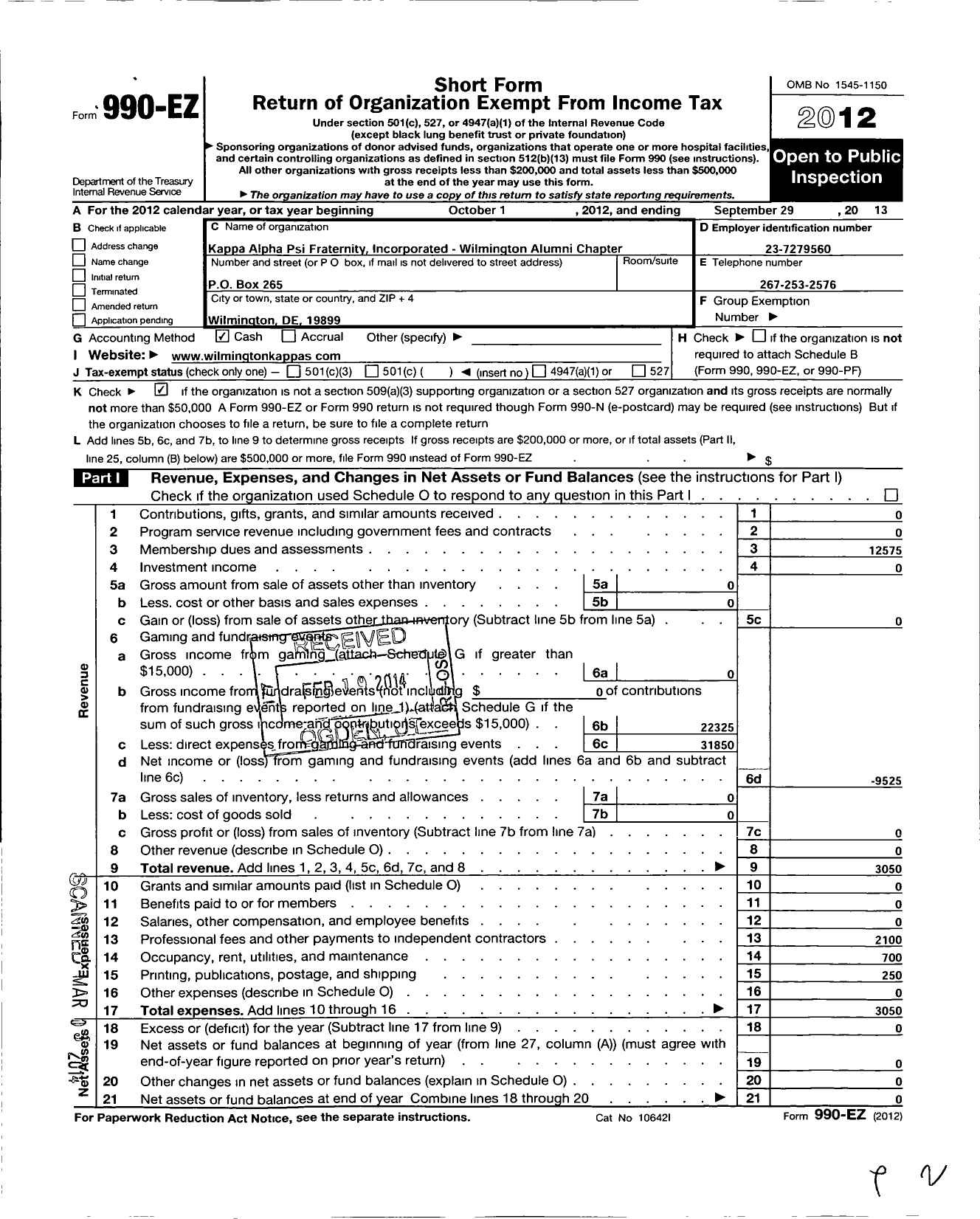 Image of first page of 2012 Form 990EO for Kapp Alpha Psi Fraternity