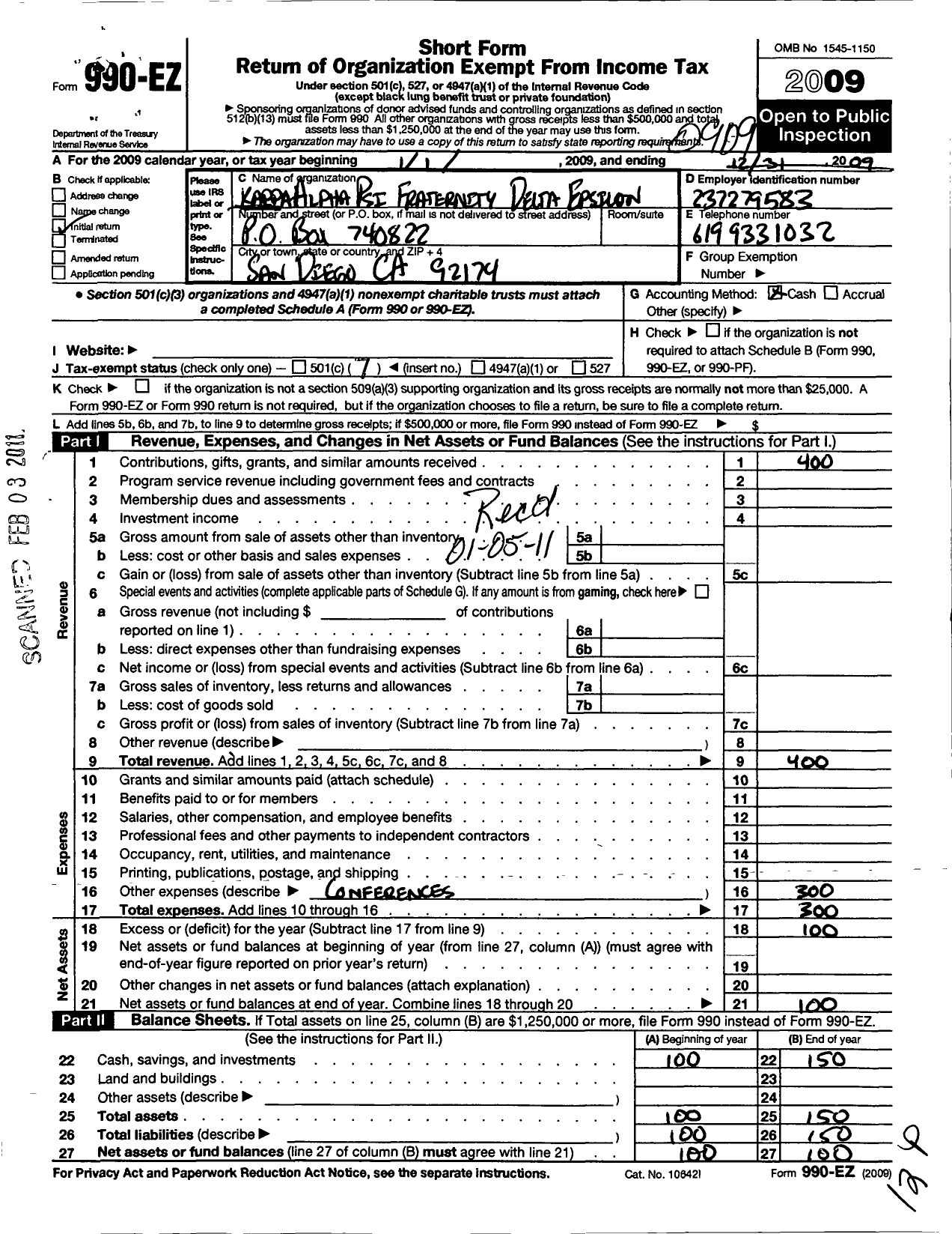 Image of first page of 2008 Form 990EO for Kappa Alpha Psi Fraternity / Delta Epsilon Chapter