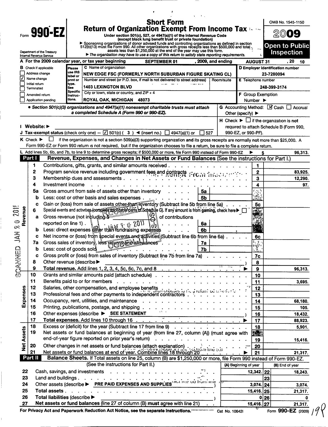 Image of first page of 2009 Form 990EZ for New Edge Figure Skating Club