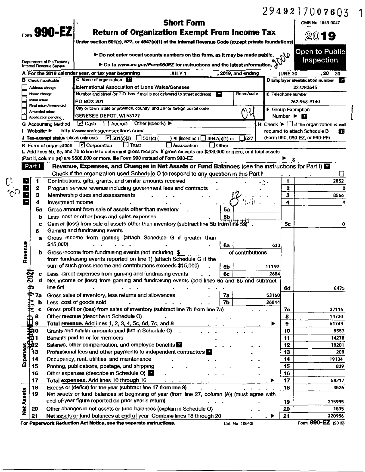 Image of first page of 2019 Form 990EO for LIONS Clubs - 10354 Wales GENEsEE