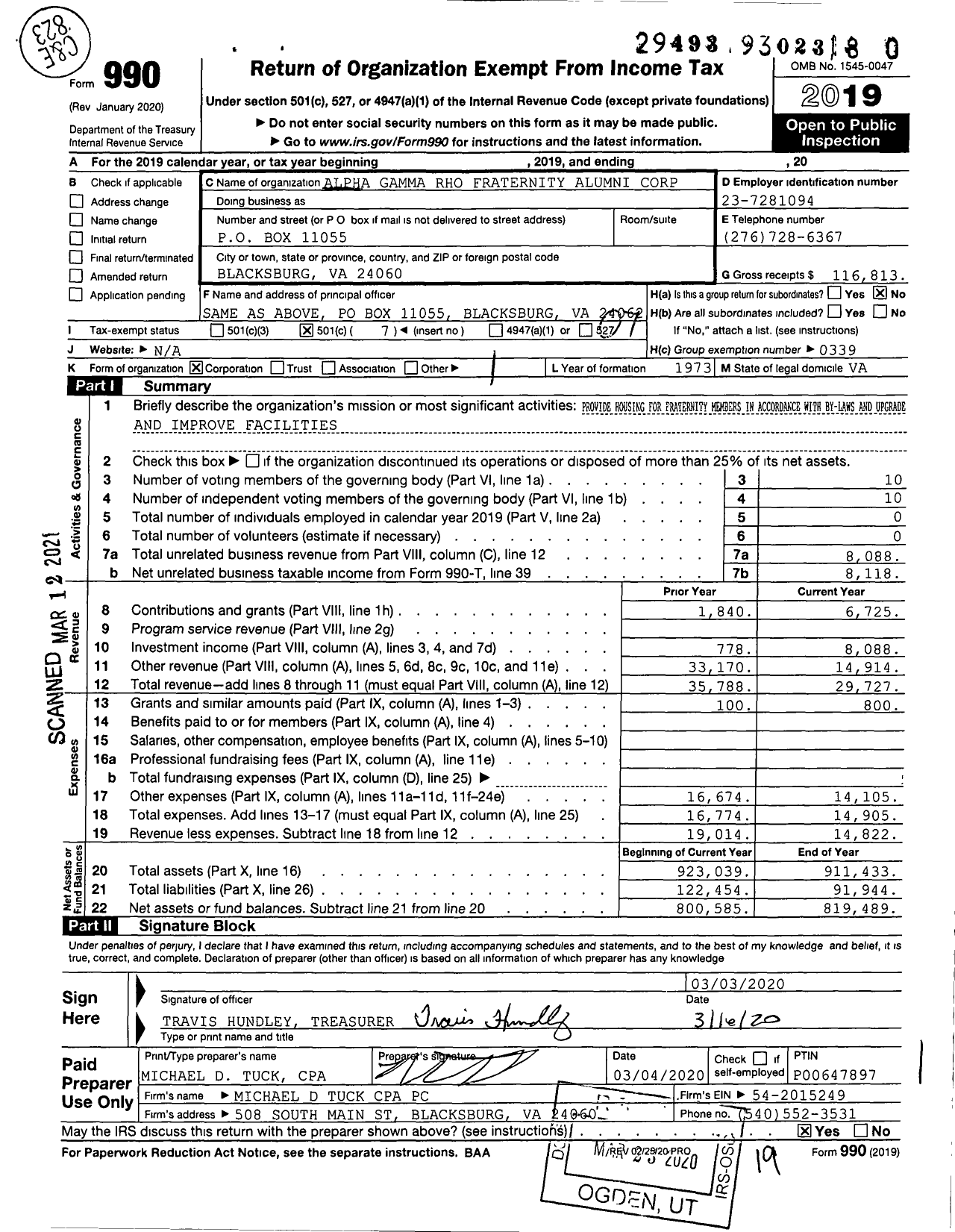 Image of first page of 2019 Form 990O for Alpha Gamma Rho Fraternity - Agr Corp of Virginia